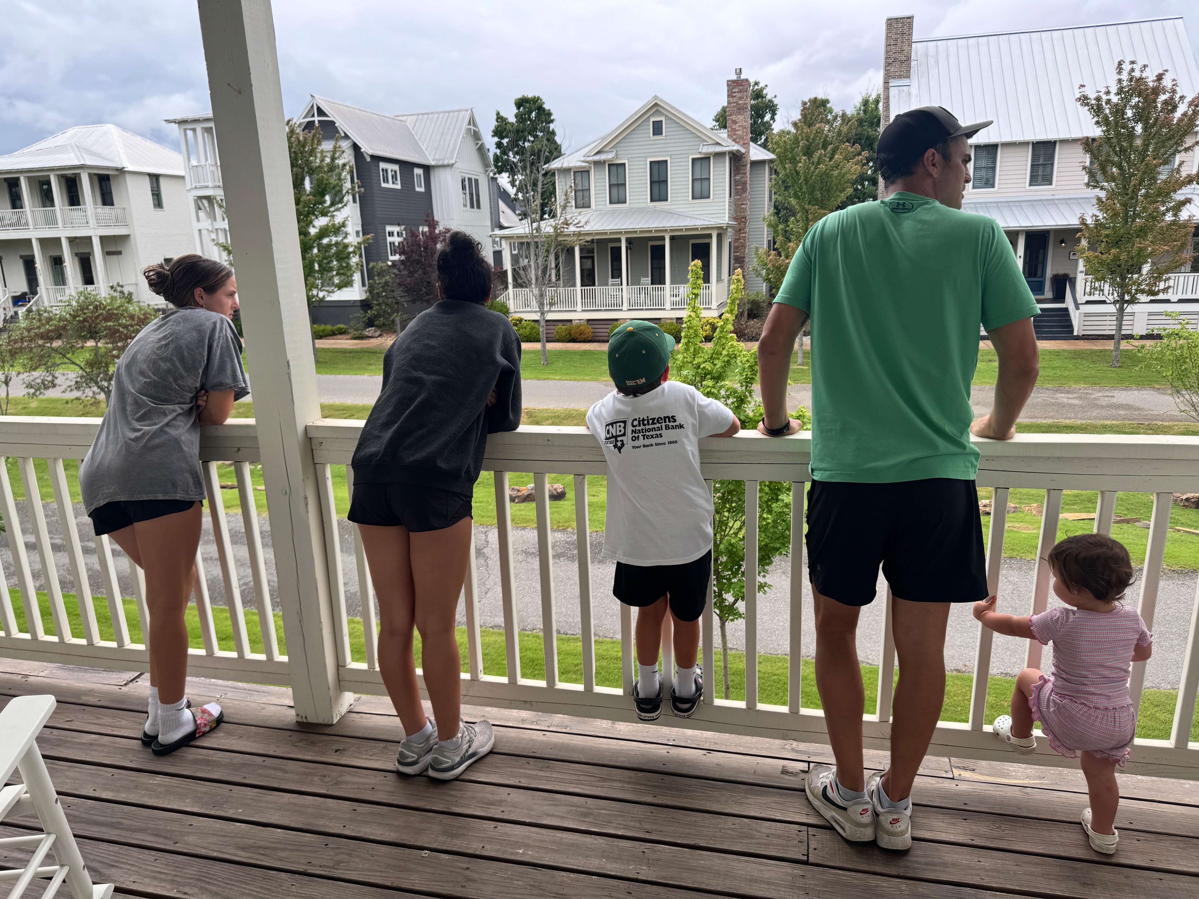 Looking out from the second floor balcony