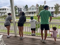 Looking out from the second floor balcony