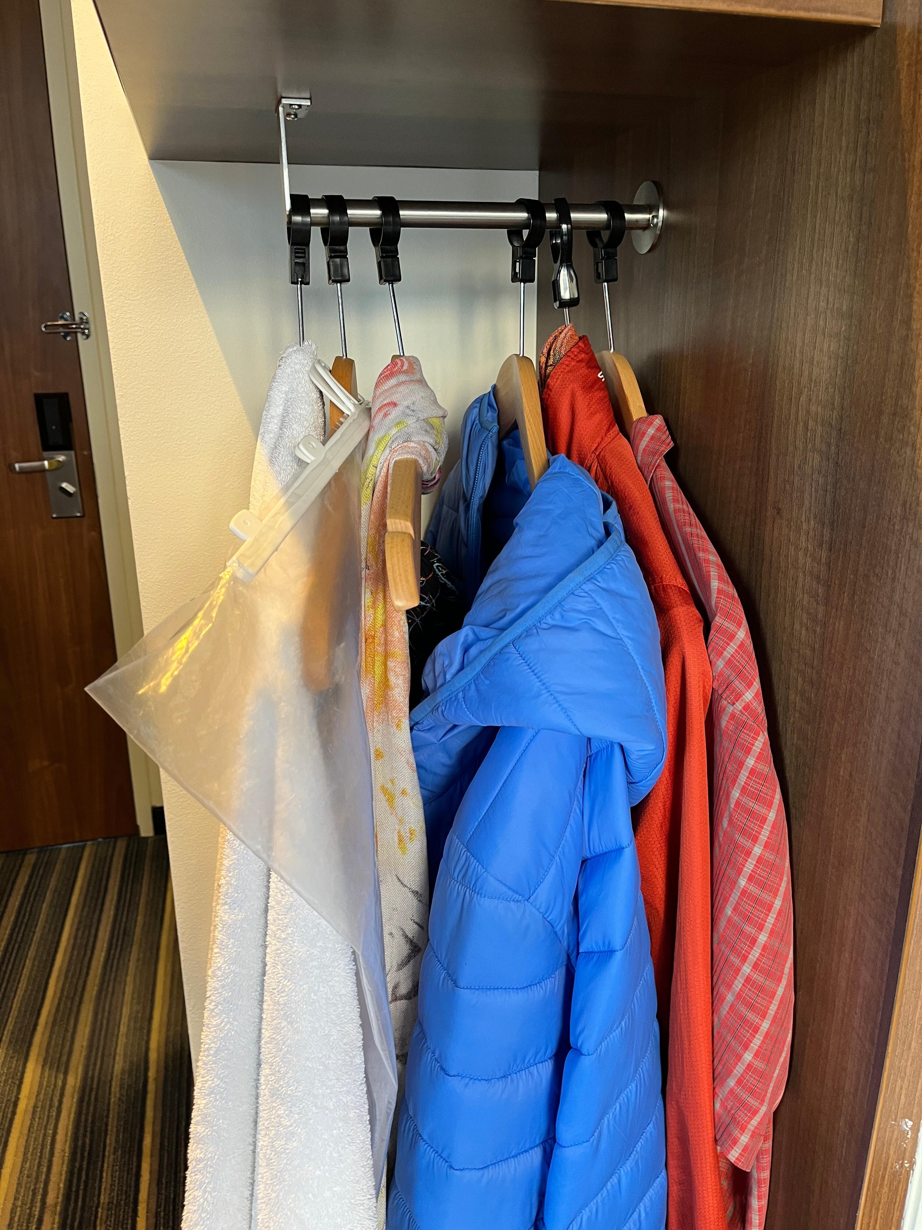 Only six hangers, no drawers and no cupboards in the room