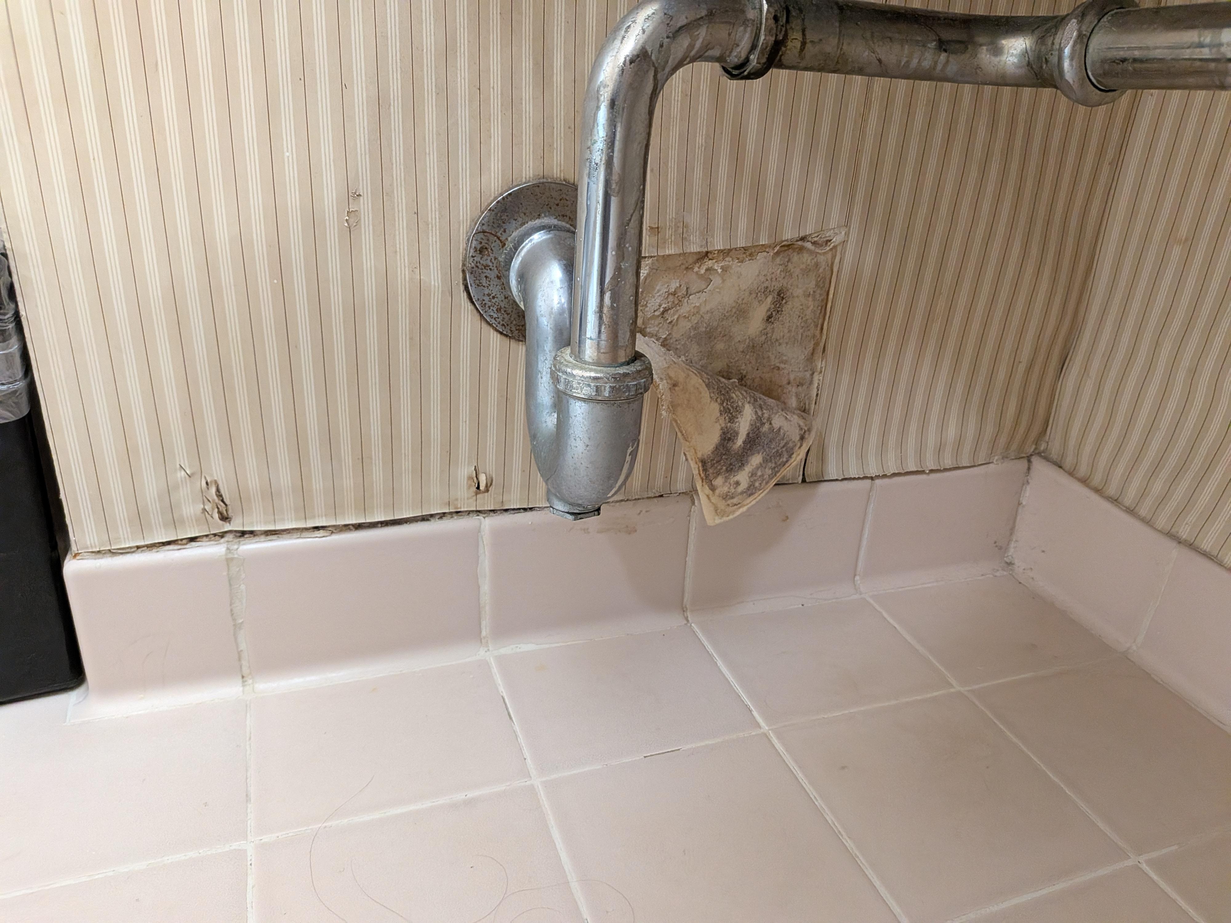 Peeling wallpaper in nasty restroom 