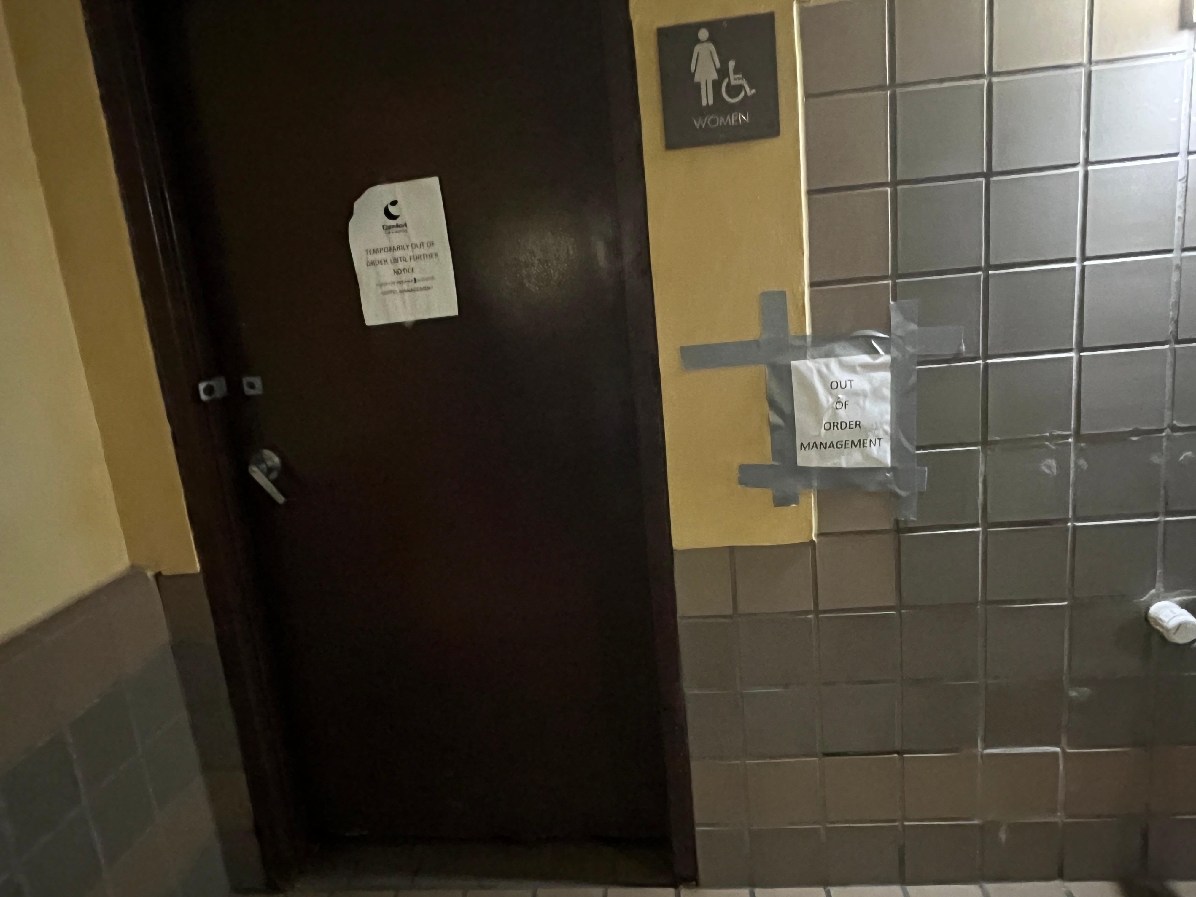 Knob  hasnt worked ina  while

Women’s restroom also out of order