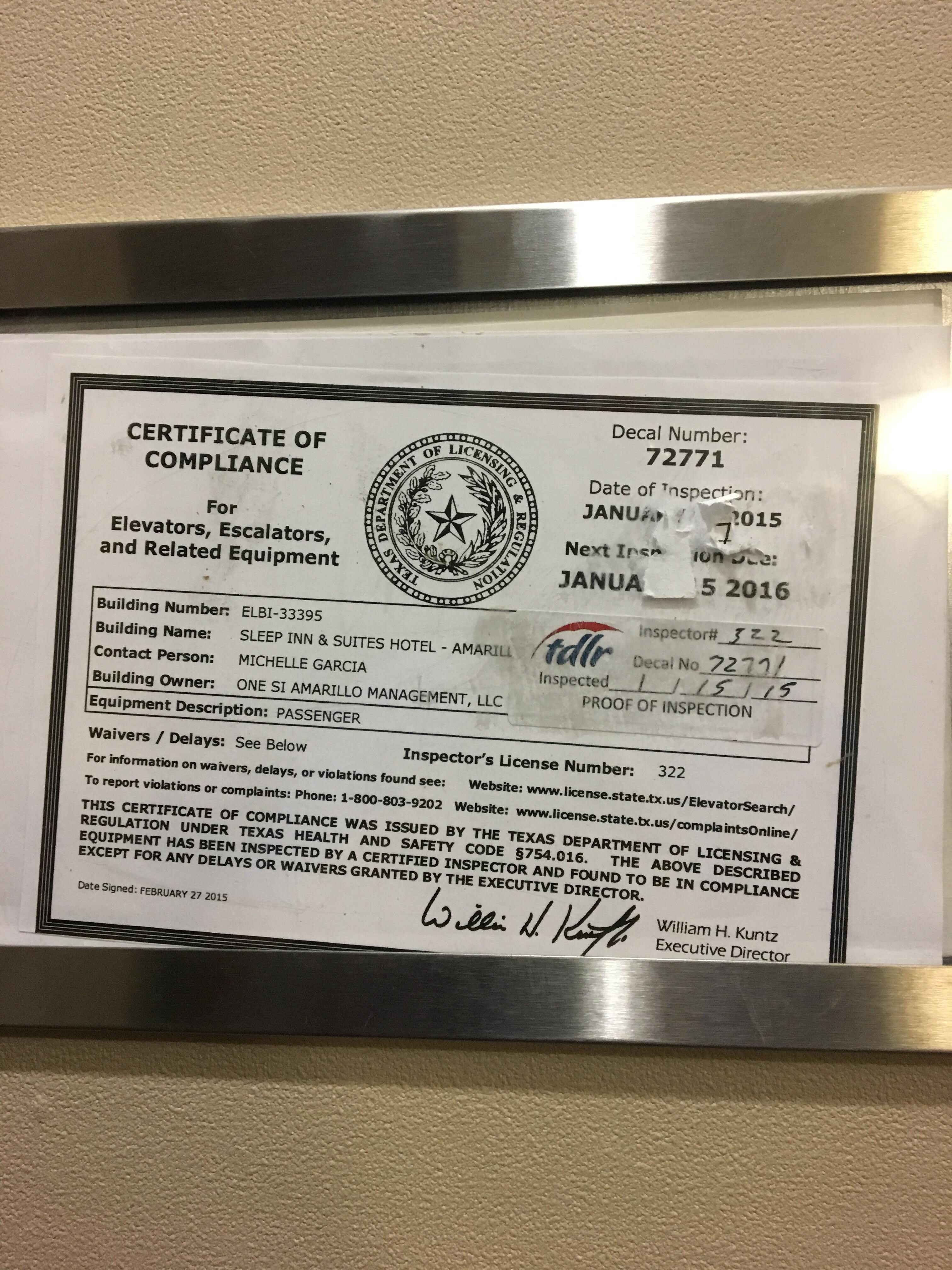 Elevator inspection certificate