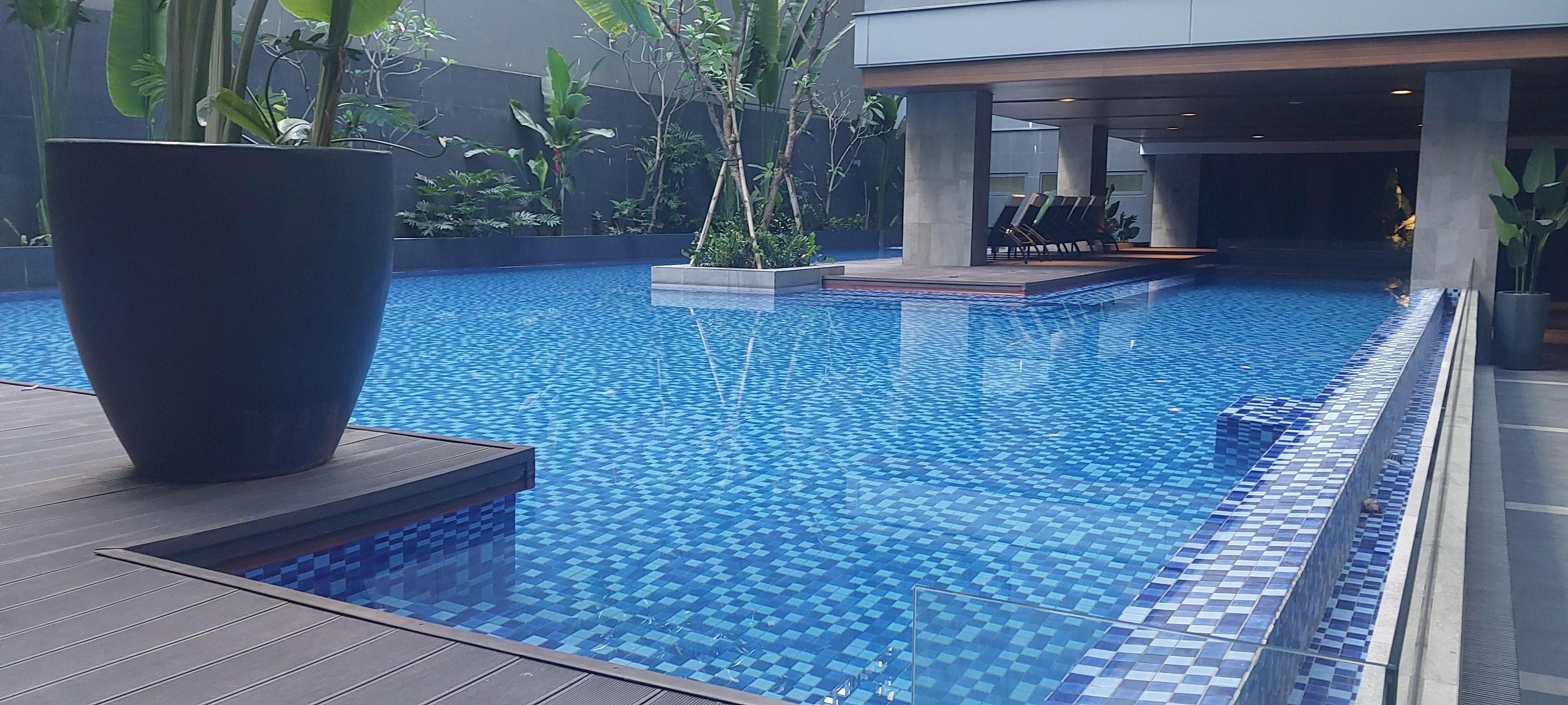 Swimming pool is very shaded and partly covered on one side.