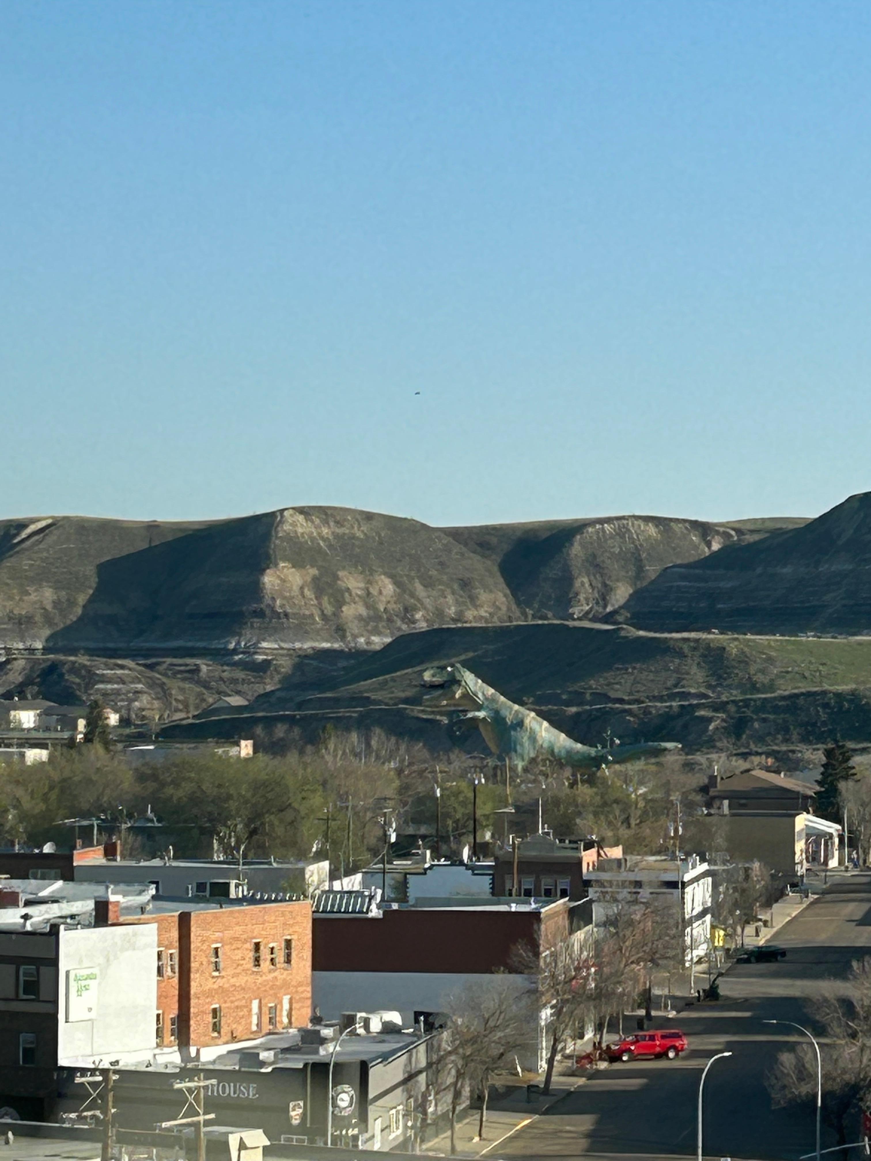 View of Drumheller including Tyra the T-Rex