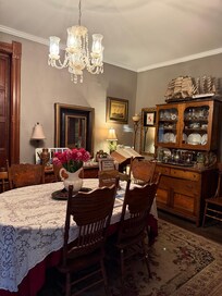 Warm and welcoming dining room with information on the history of the area.