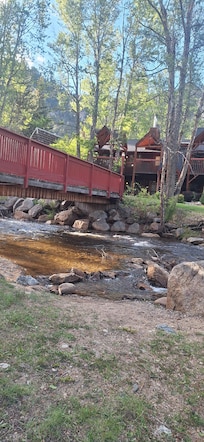 The river by the cabins.