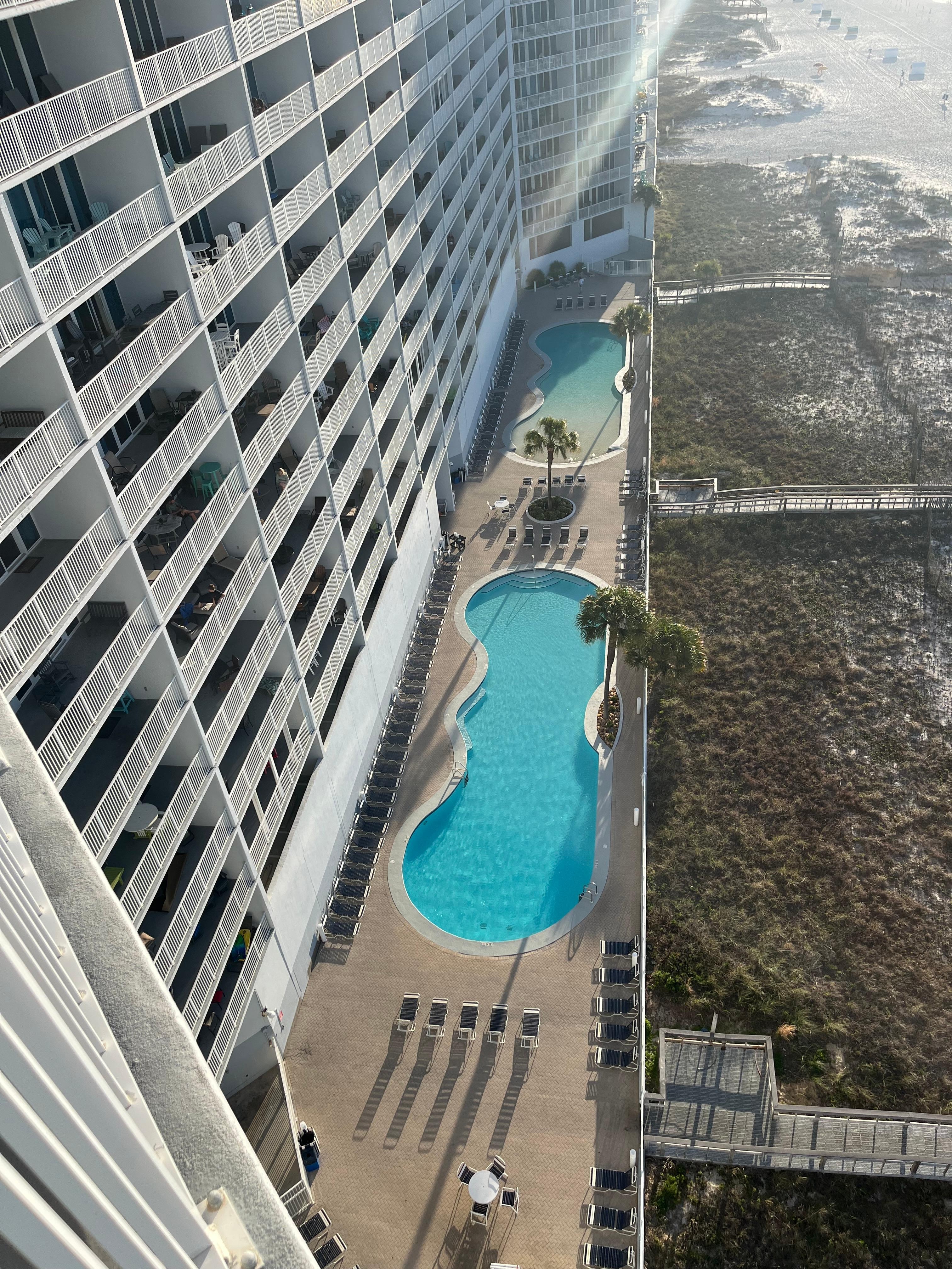 View of the outdoor pools from the balcony