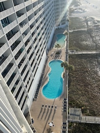 View of the outdoor pools from the balcony