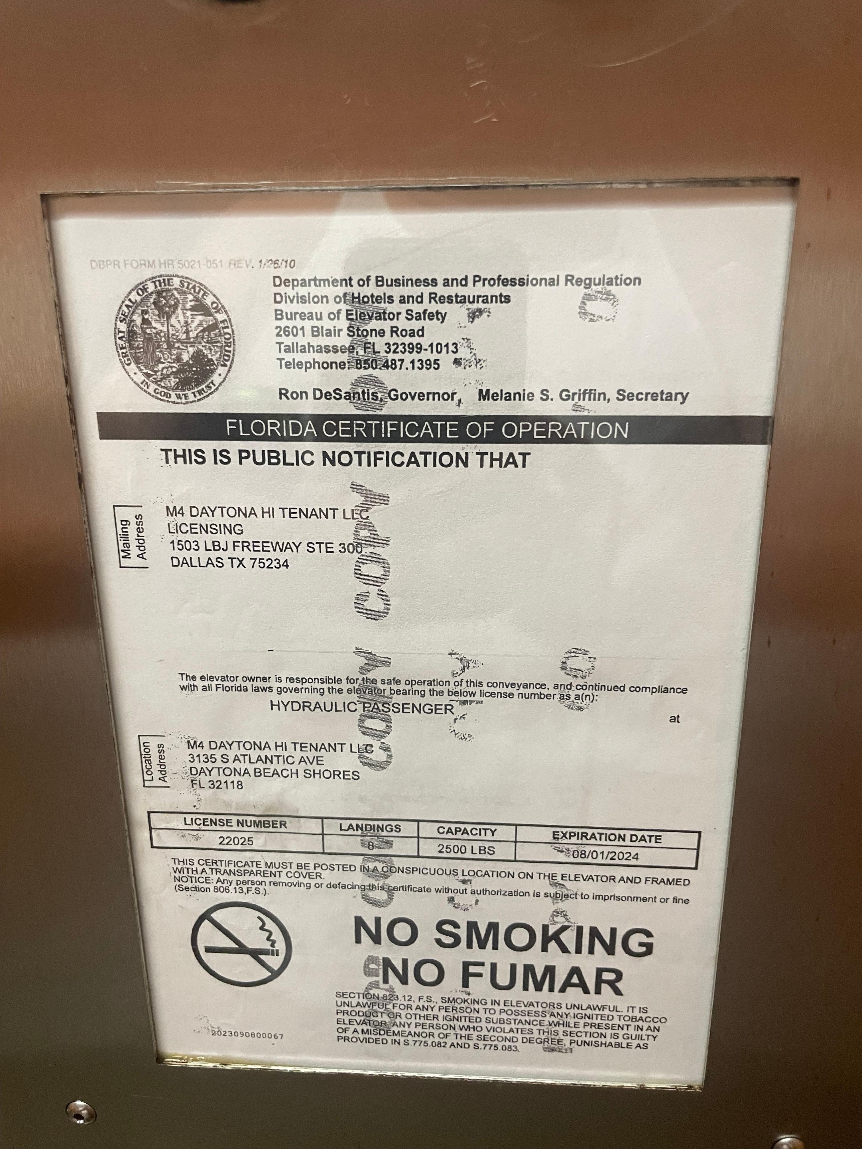 Expired elevator inspection. Both elevators are out of compliance. This is on violation of state regulations.