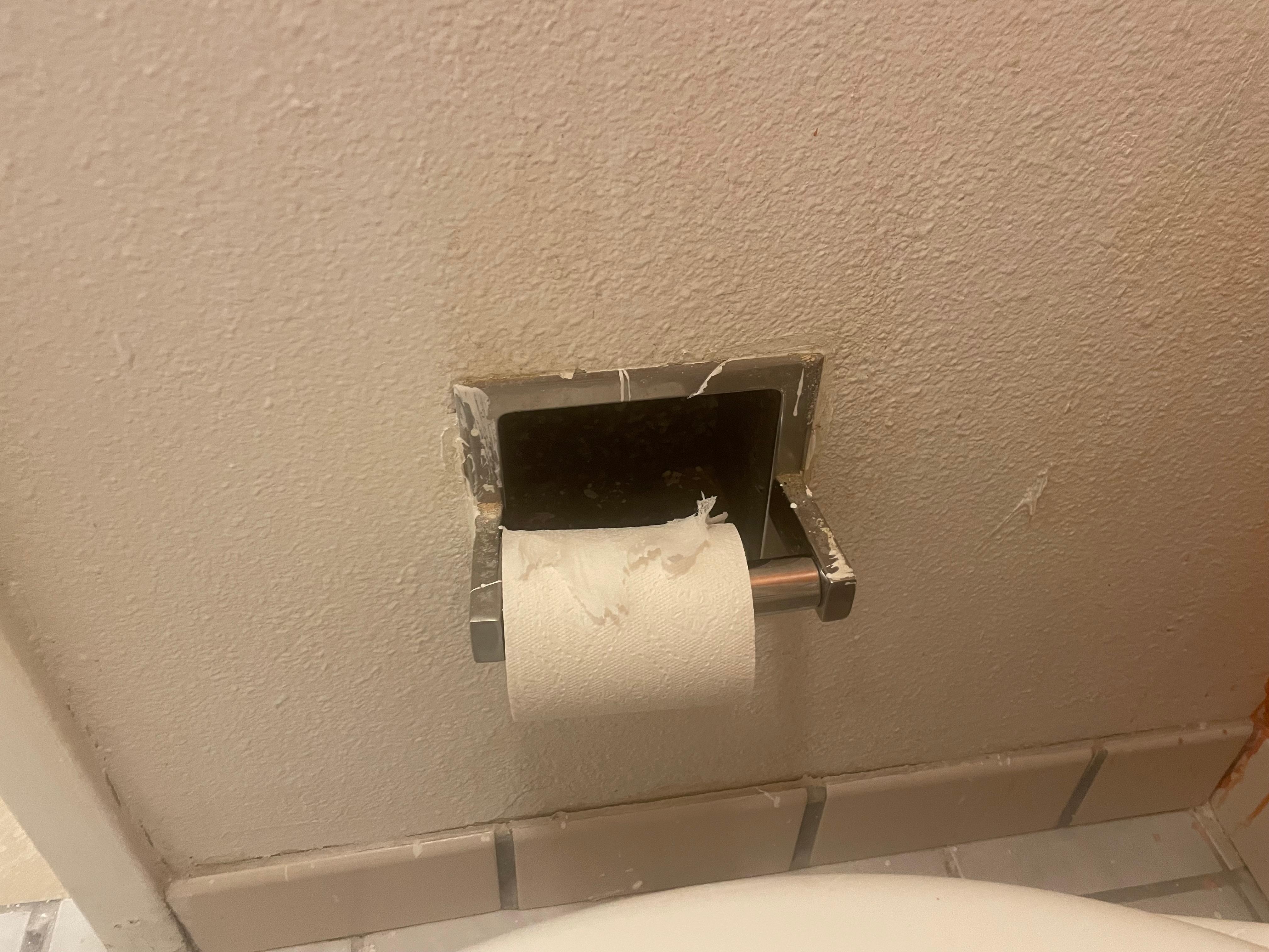Behind toilet paper absolutely filthy.