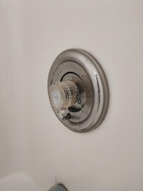 Broken shower knob, which is probably the cause of the wood rot under the tub