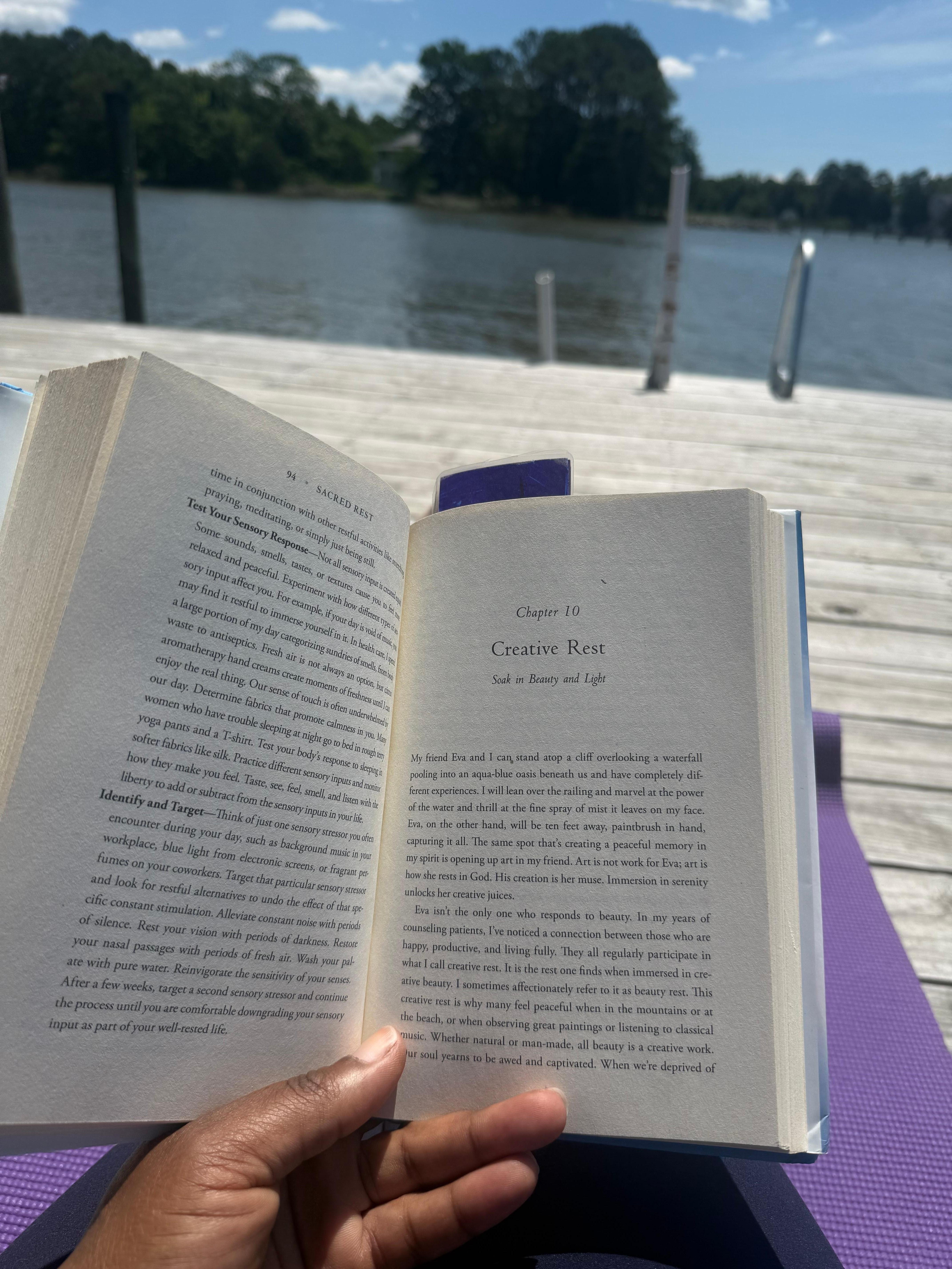 Reading on the dock.
