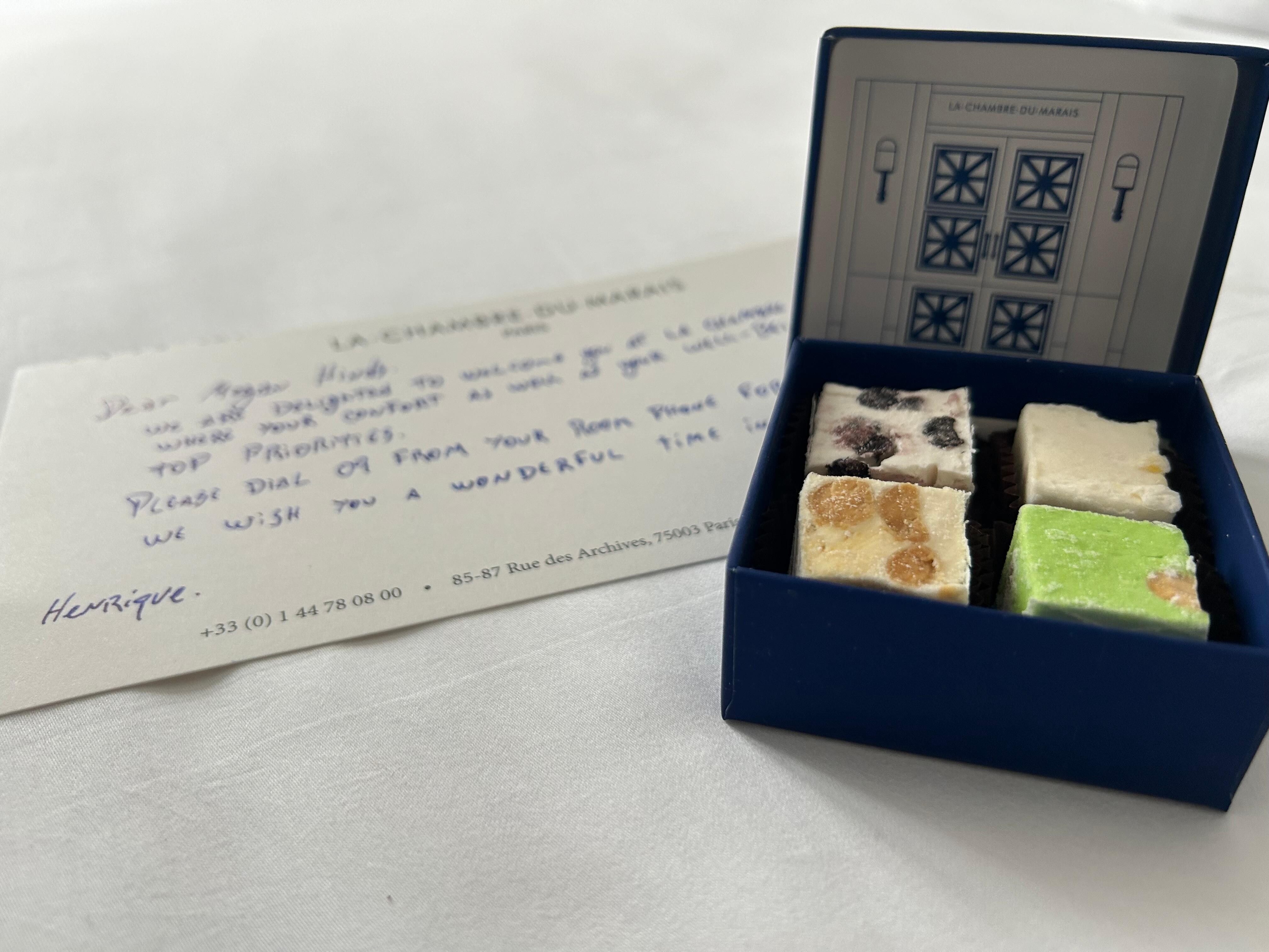 Sweet little note and treat left on the bed upon arrival