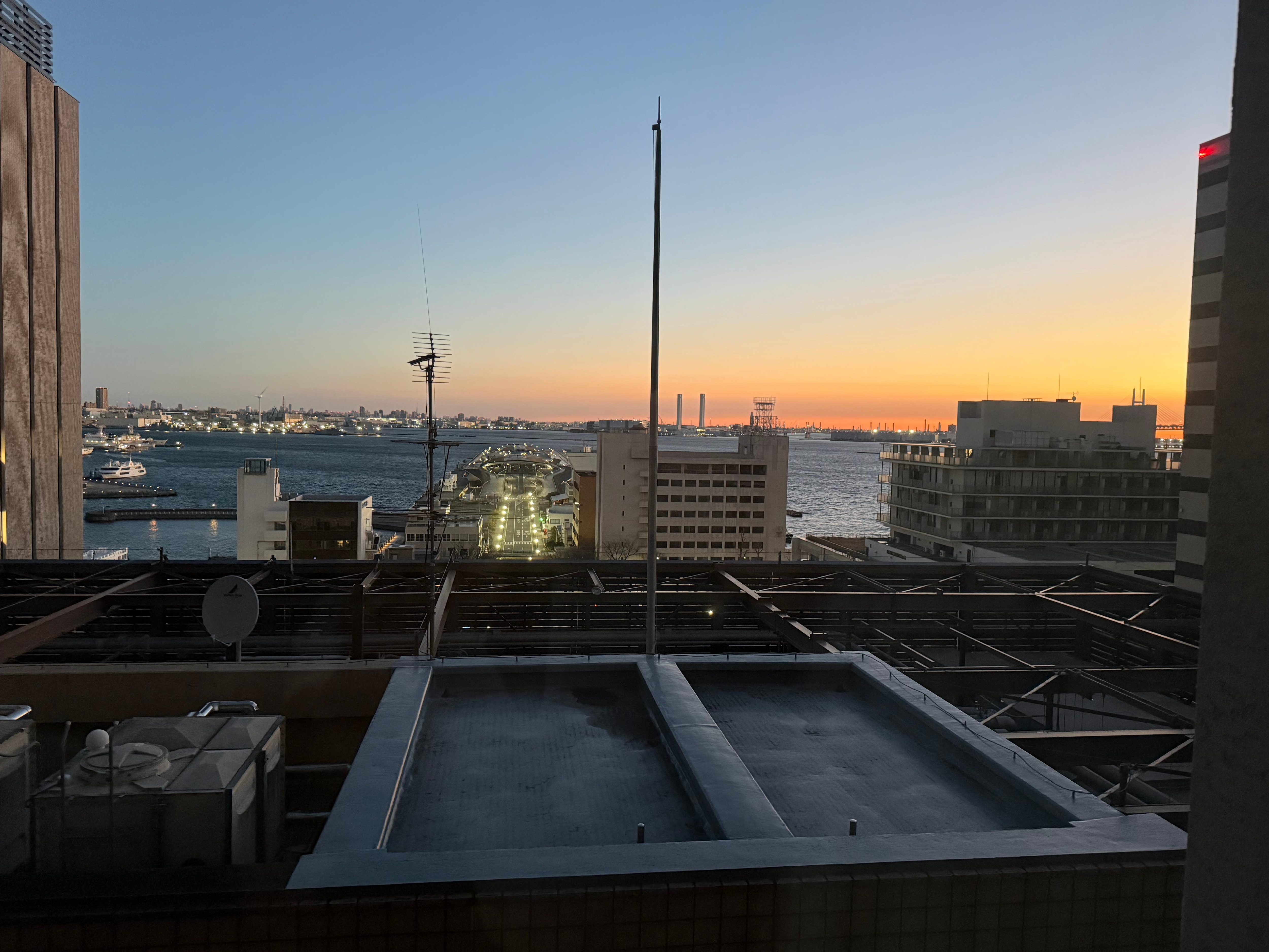 Sunrise from hotel window facing Osanbashi pier