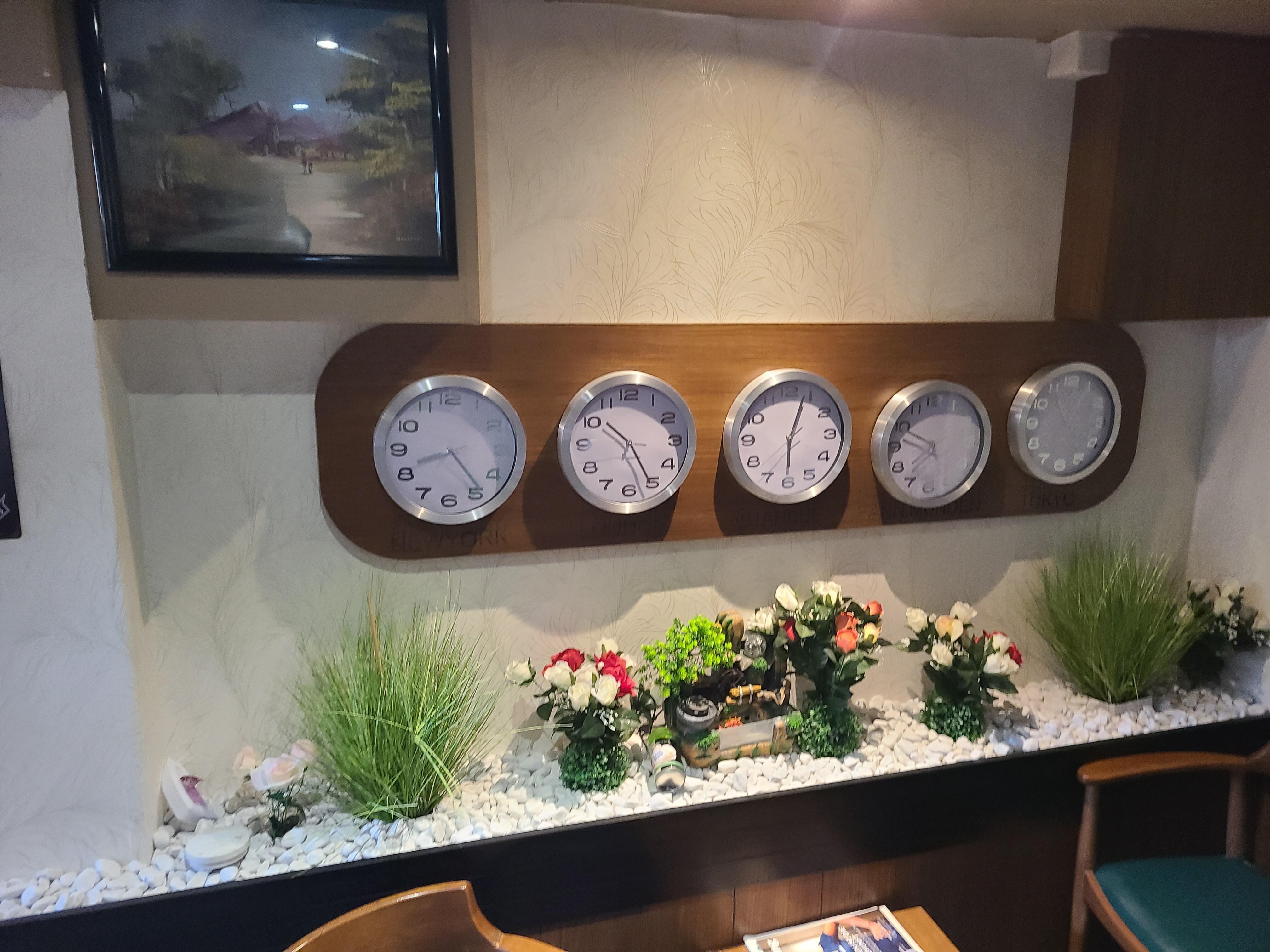 Different world time-zone clocks on every floor. Almost none of them correct.