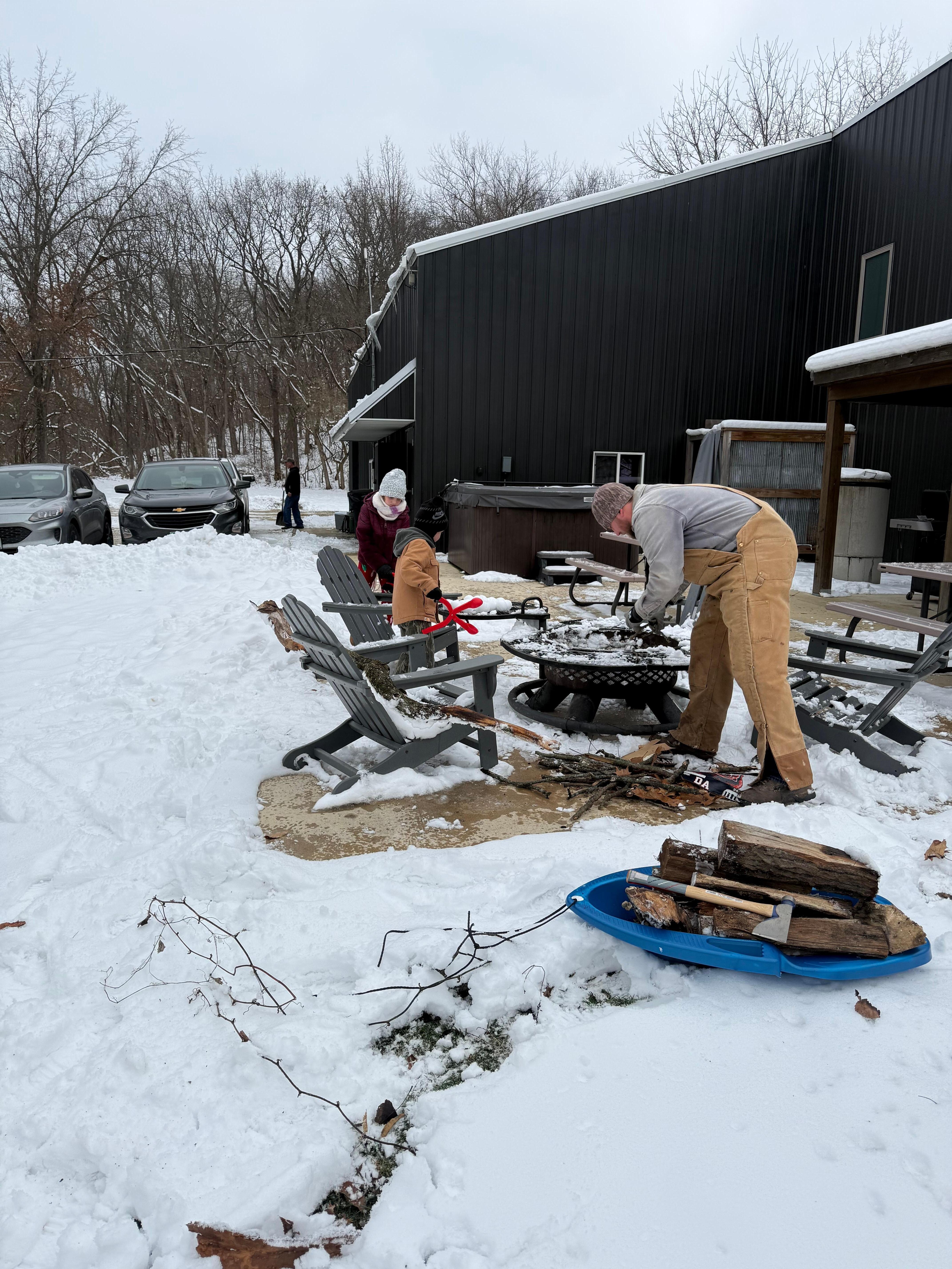 Fire building, snow ball making 