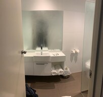 No door on shower, floor ended up really wet