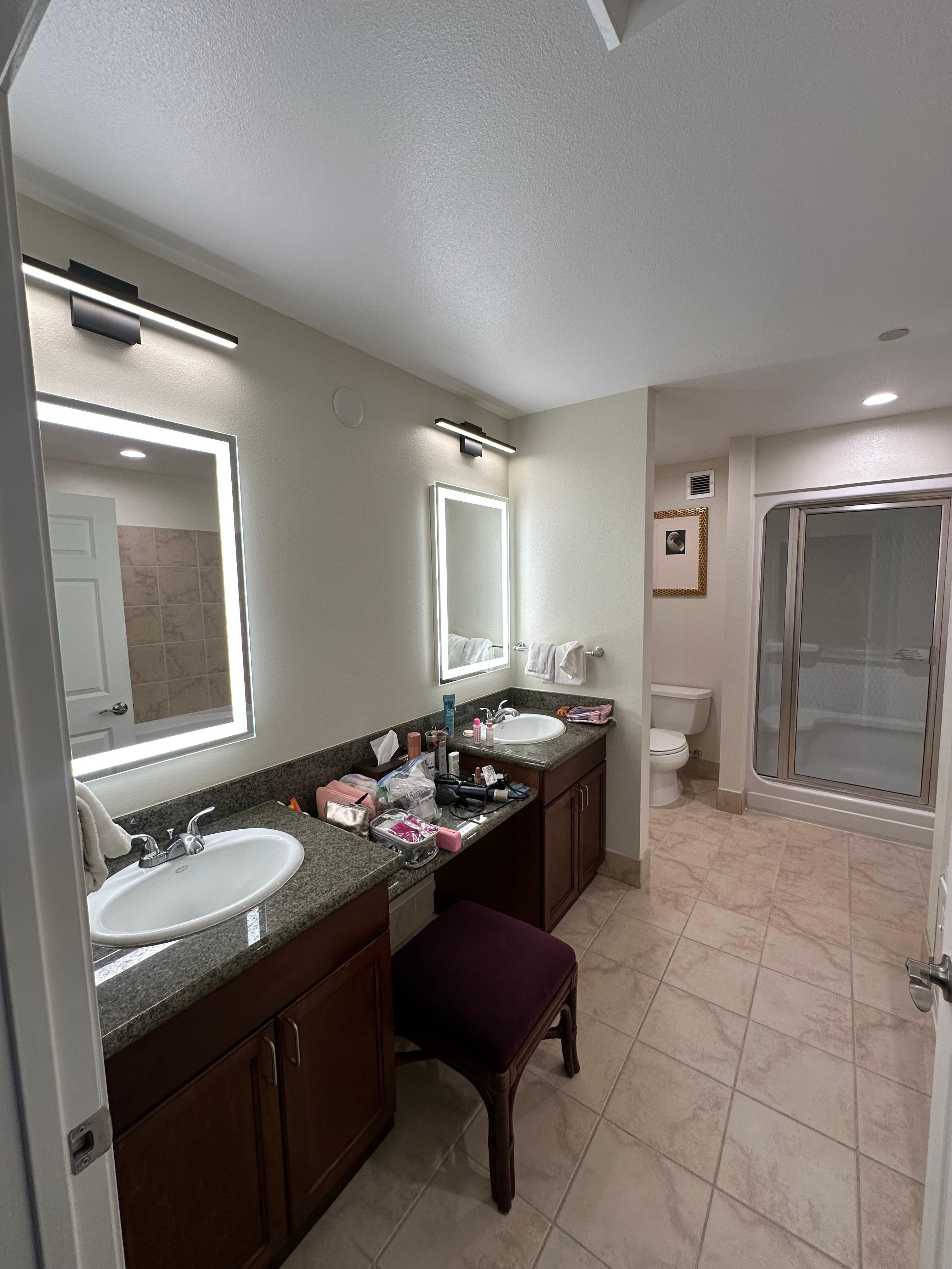 The bathroom was very spacious, as you can see there was room to put our make up and toiletries.