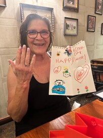 A beautiful ruby ring from my Grandsons, one of my Grandsons girlfriend and her little daughter for my 67th birthday!