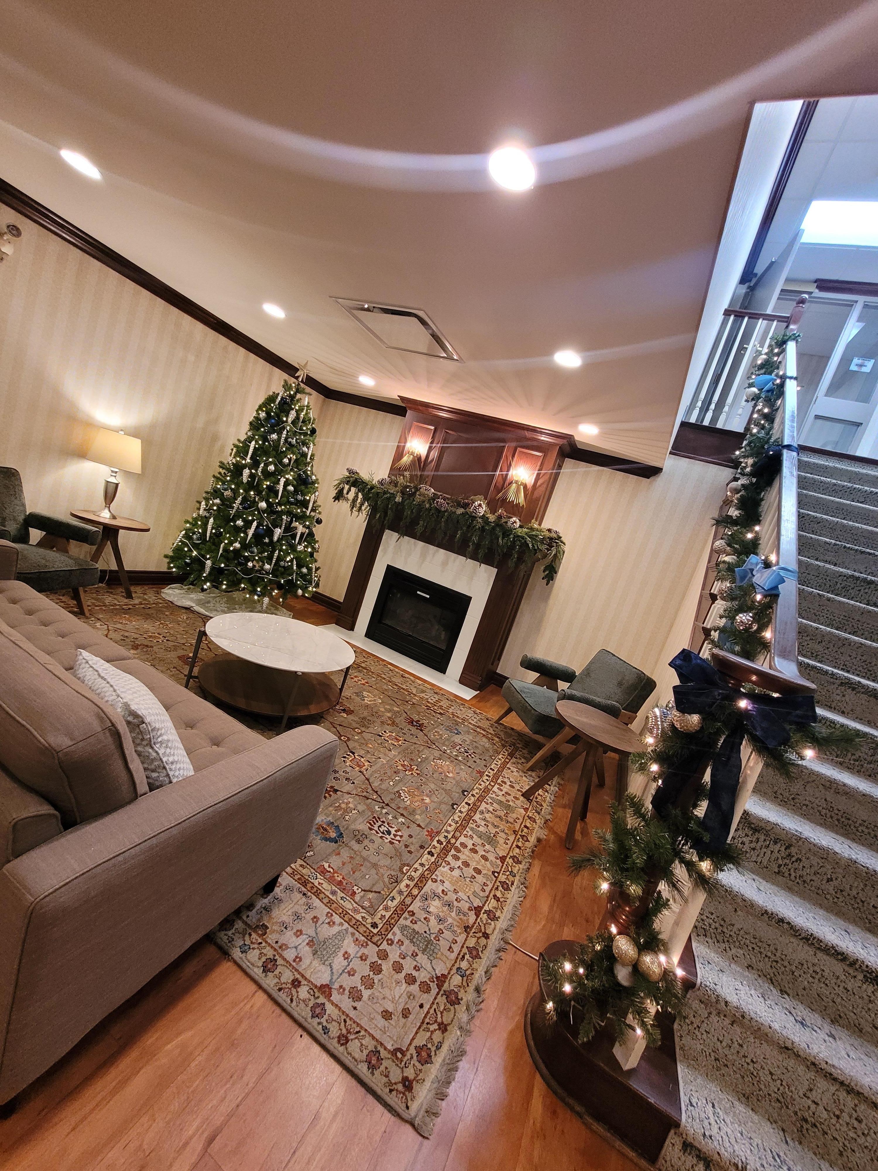 The lobby decorated for Christmas 