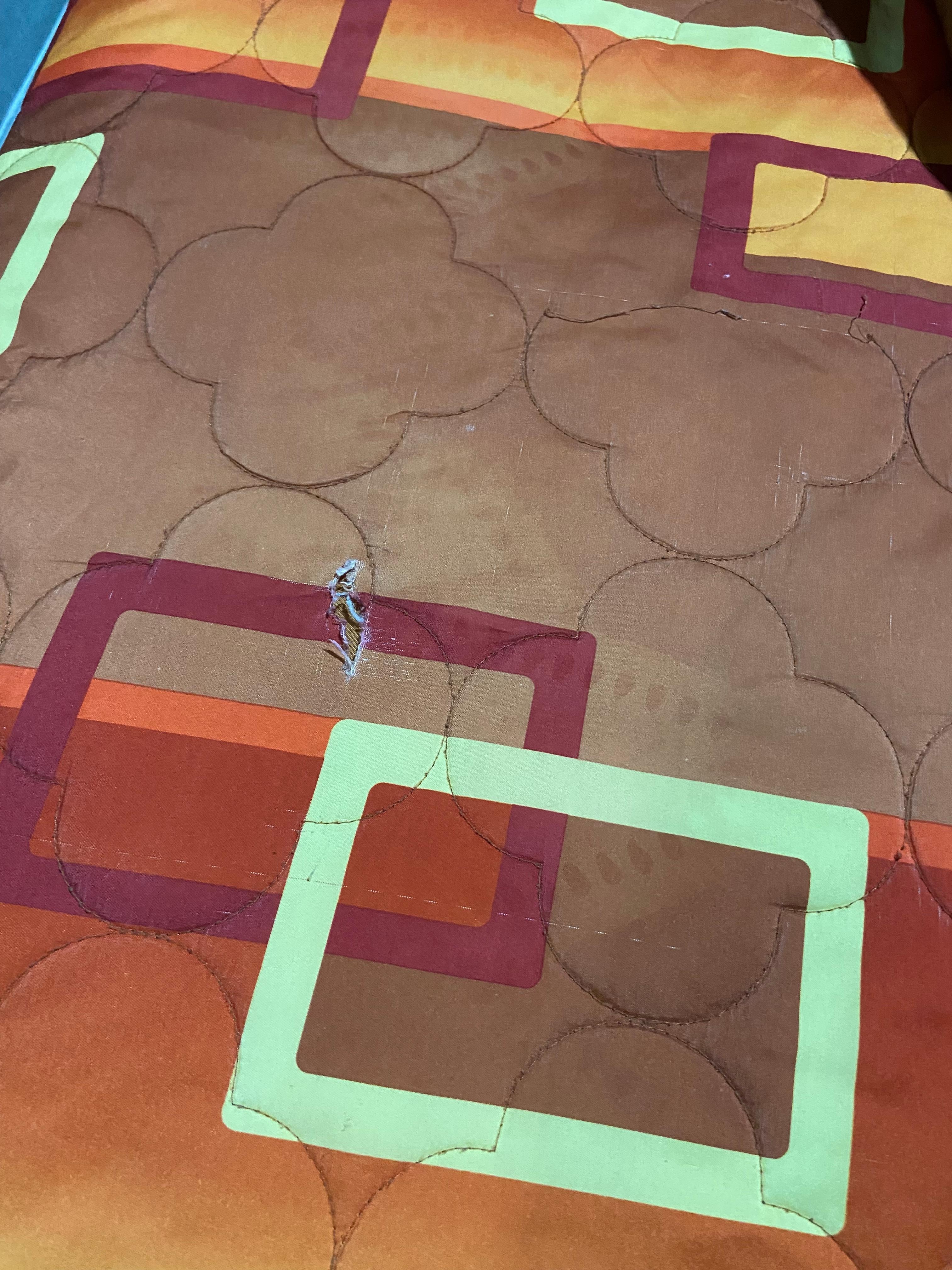 Comforter very old , thin , stained and tear in the middle . 