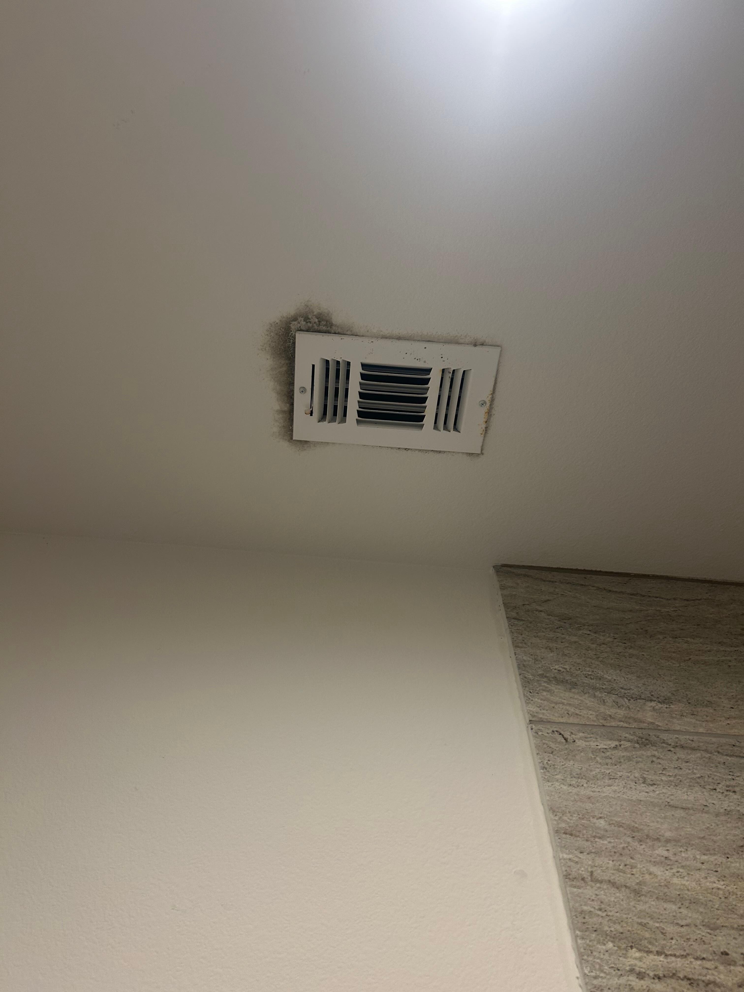 Mold at ceiling potentially from upstairs bathroom leak.