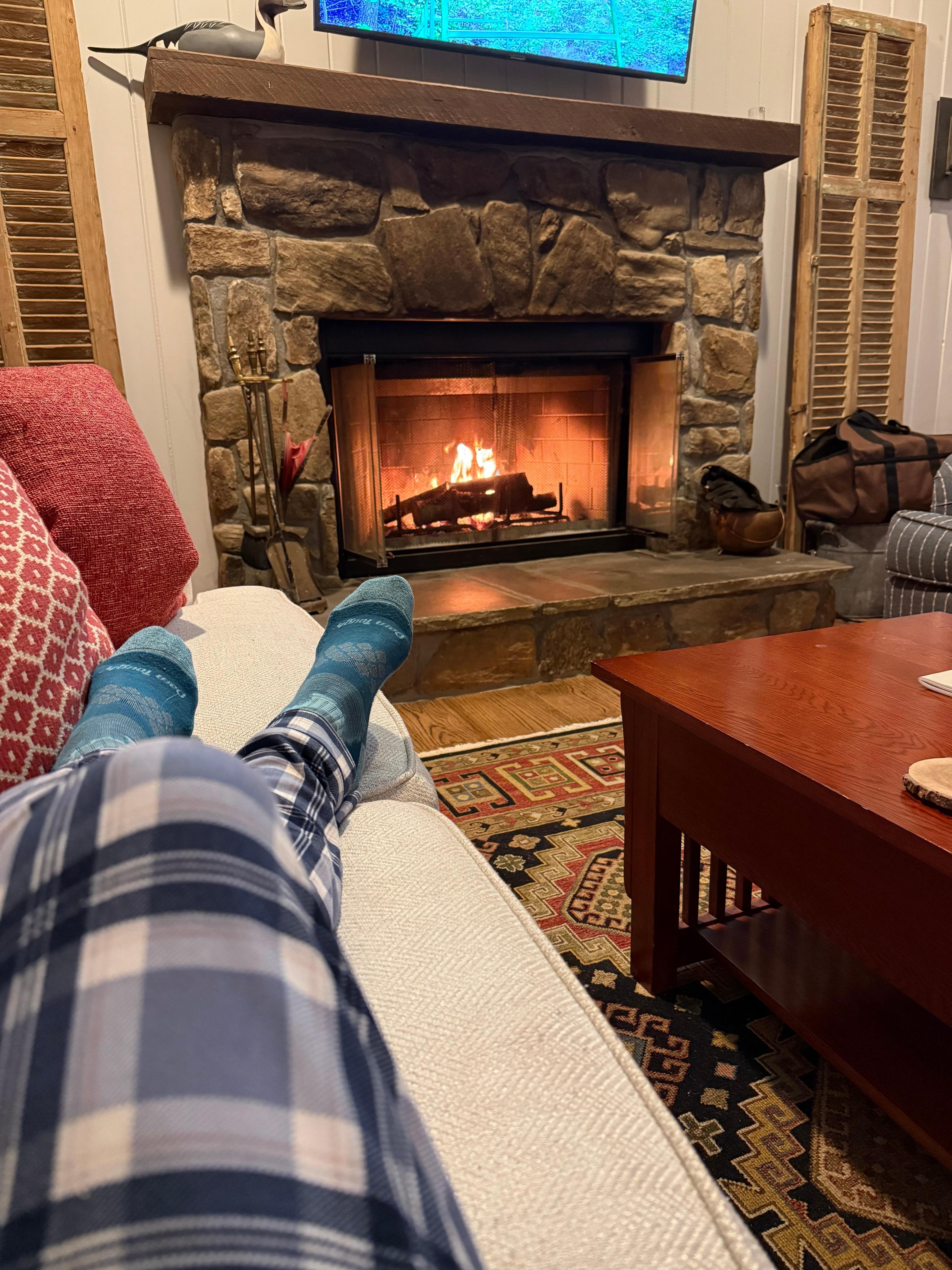 Enjoying a fire in the fireplace 