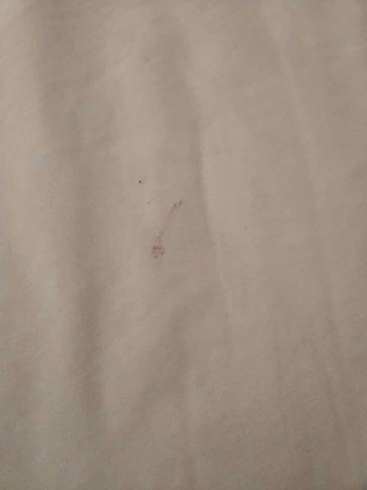 Dried blood on the top of the bed.