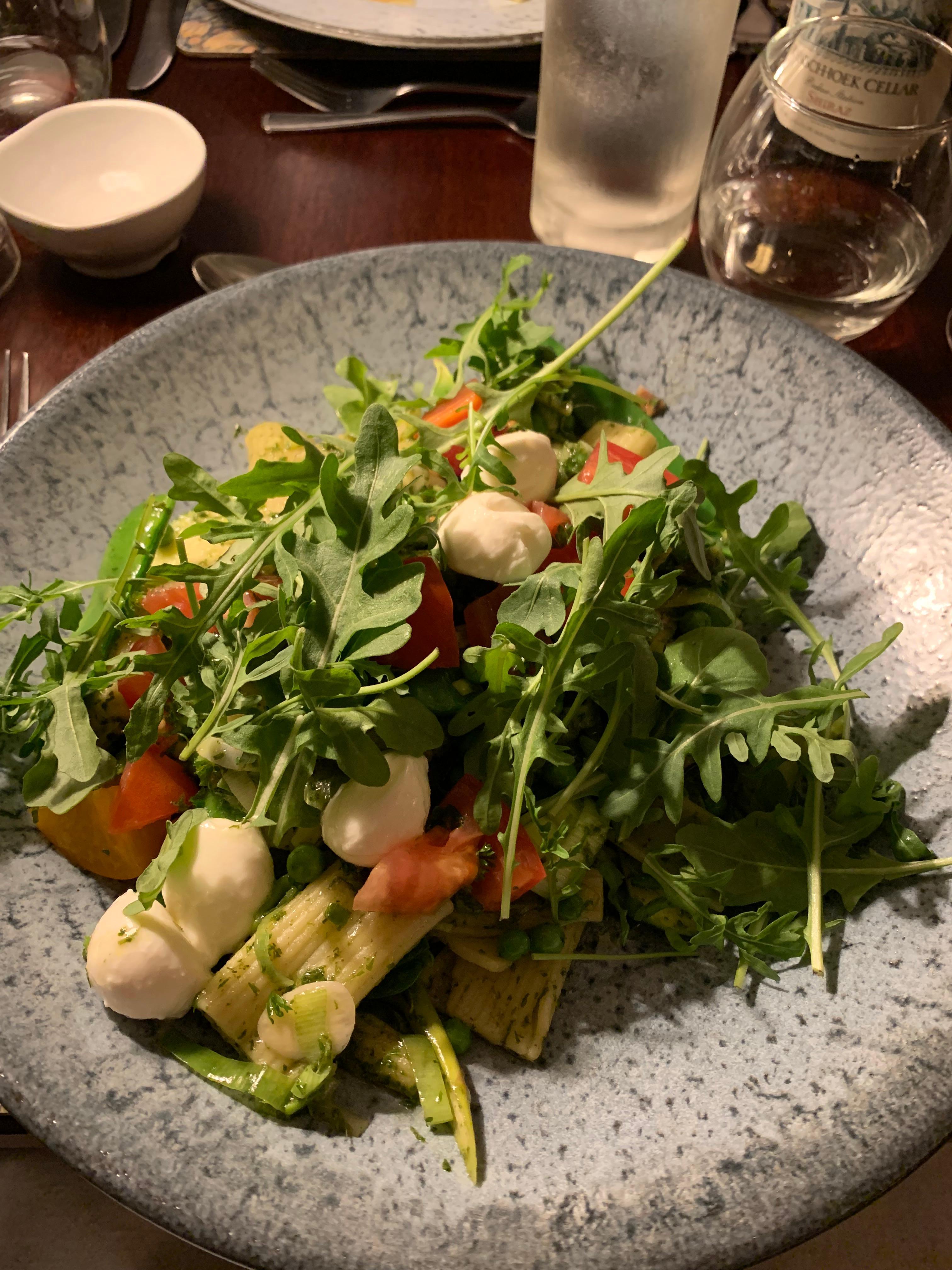 Rigatoni pasta with asparagus (substituted for mange tout), courgette and peas  - pretty but very bland