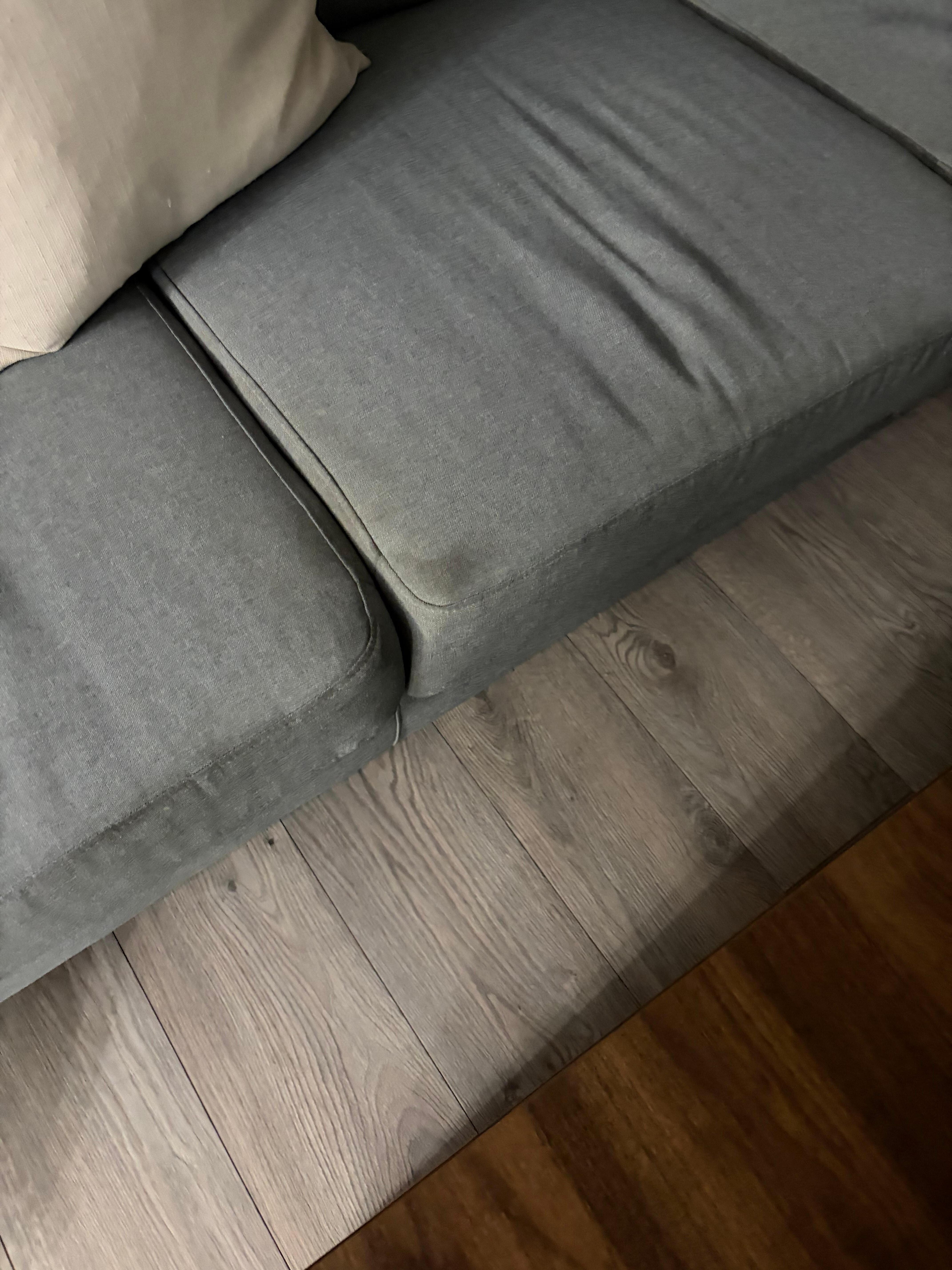 Stains on couches, no rug like in pictures (I am sure someone stained it)