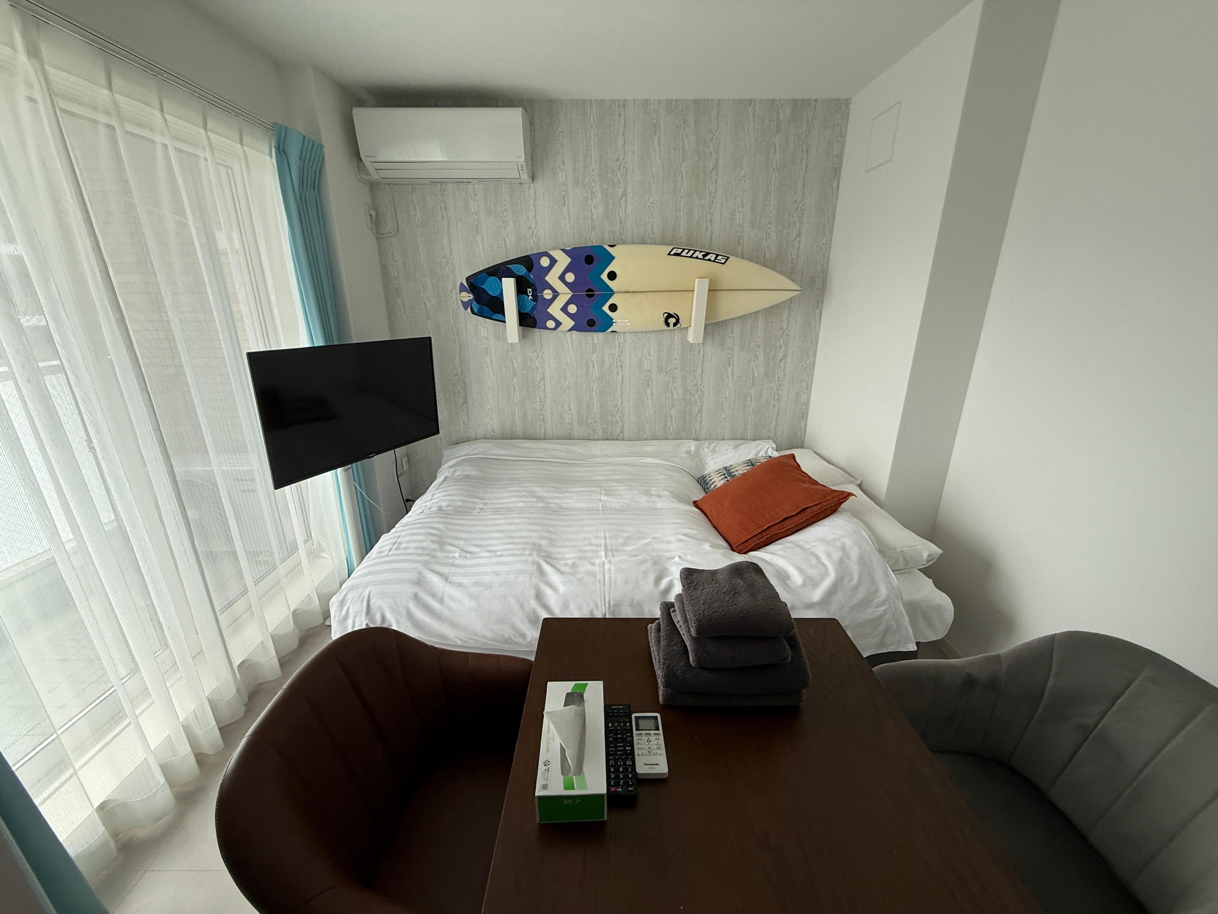 Bedroom area, We turned the bed so It wasn't pushed against the wall.