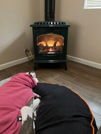 Snoozing in front of the stove.