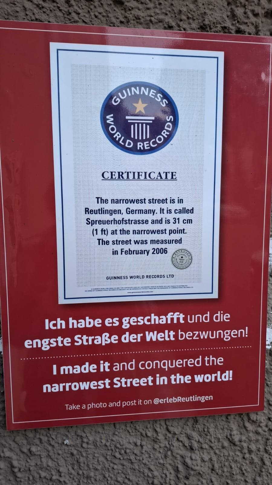 Engste Straße der Welt in Reutlingen 
