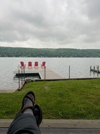 Sitting on the bunkhouse porch with coffee.