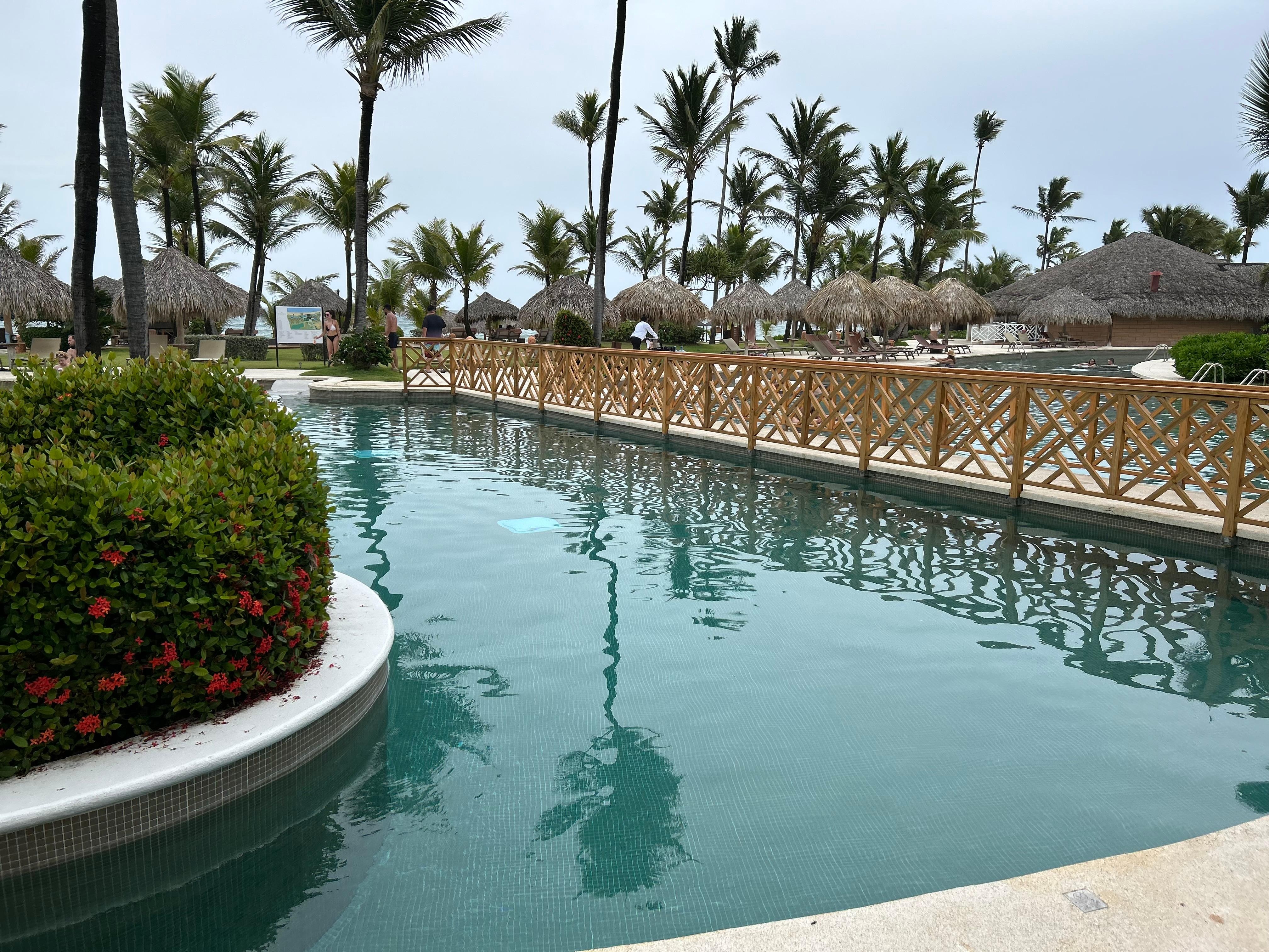 The hotel is surrounded by a winding pool. It’s a beautiful place to relax and swim.
