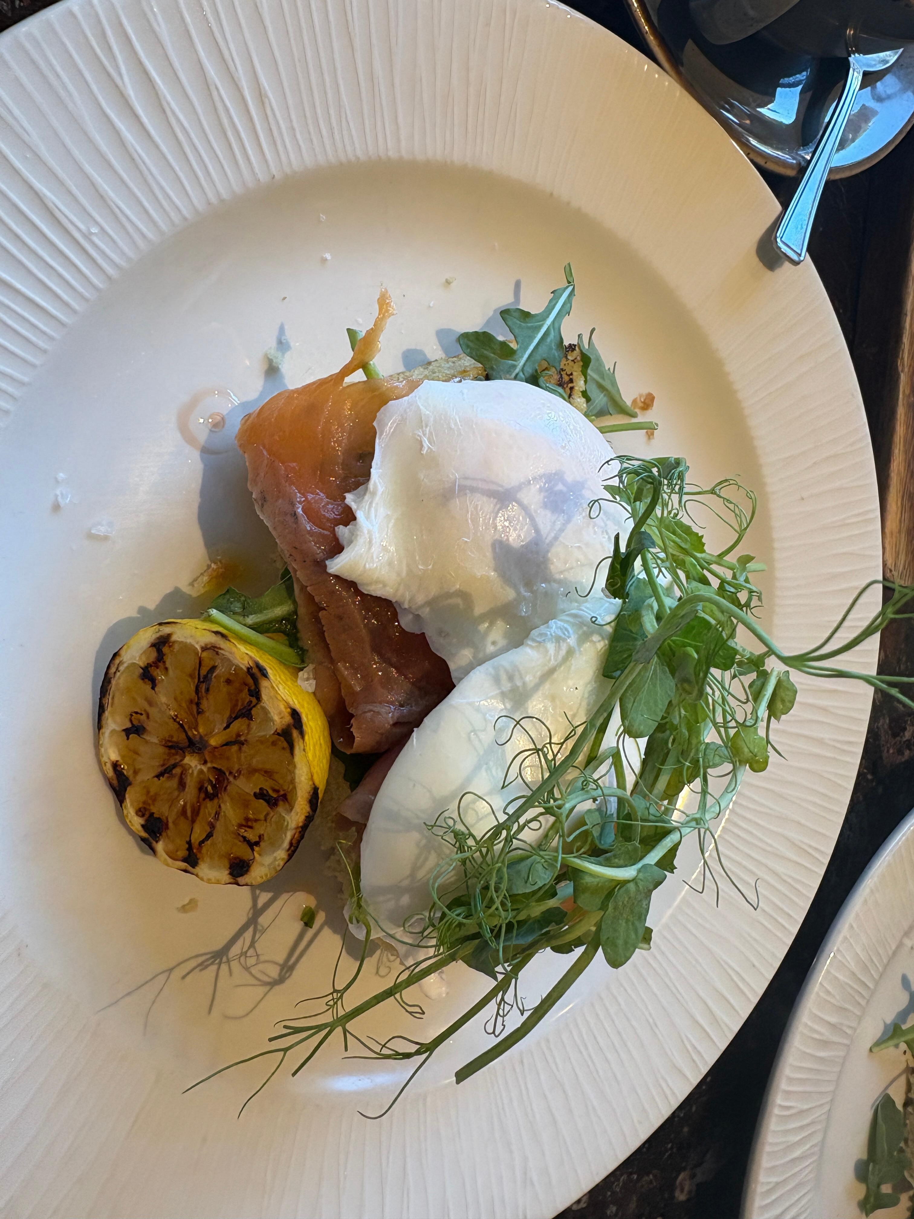Breakfast main, poached eggs with salmon, Parma ham and to die for focaccia!