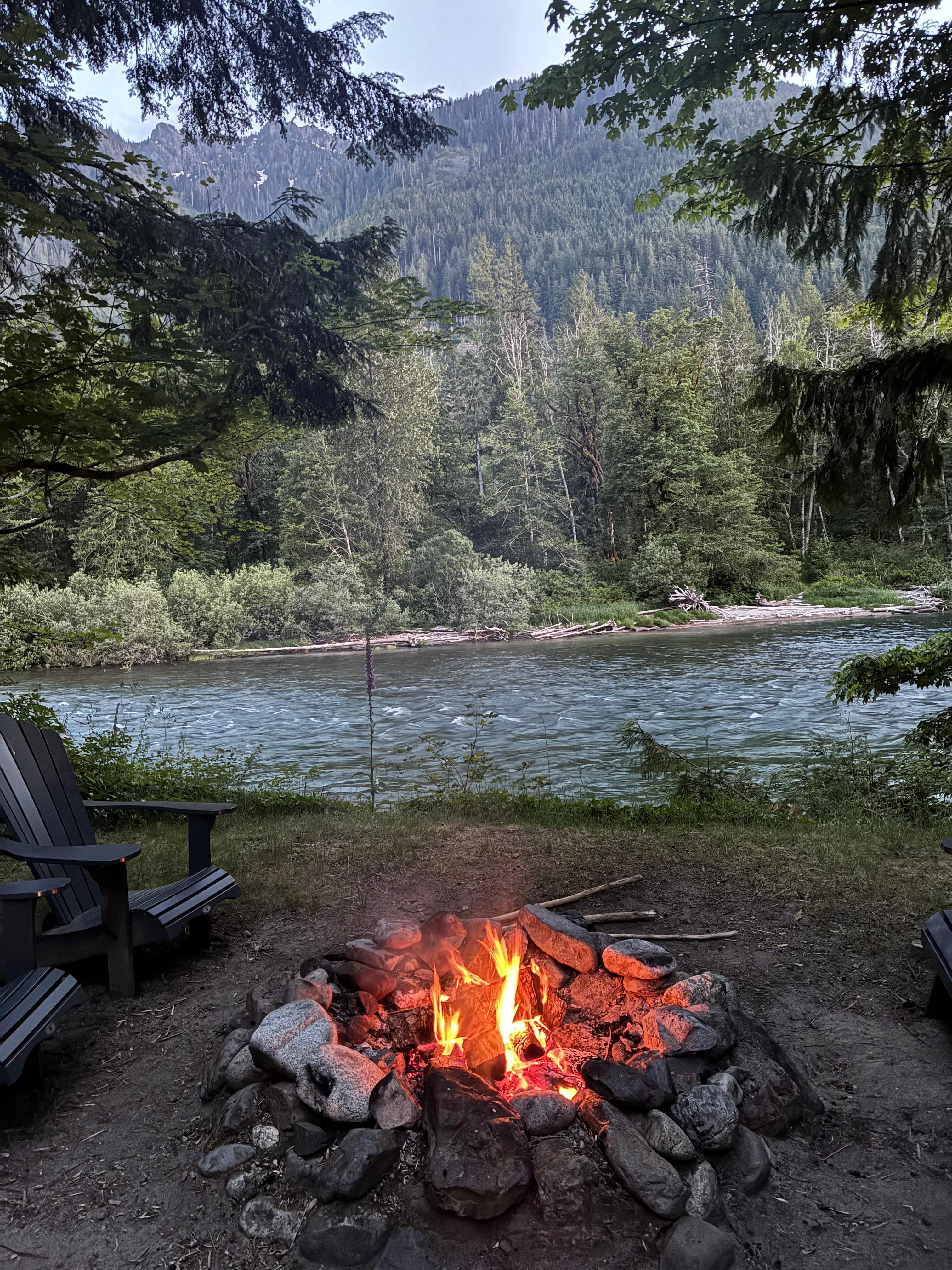 Enjoying the fire pit overlooking the Skykomish River 