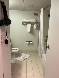 Bathroom with dirty stained towels