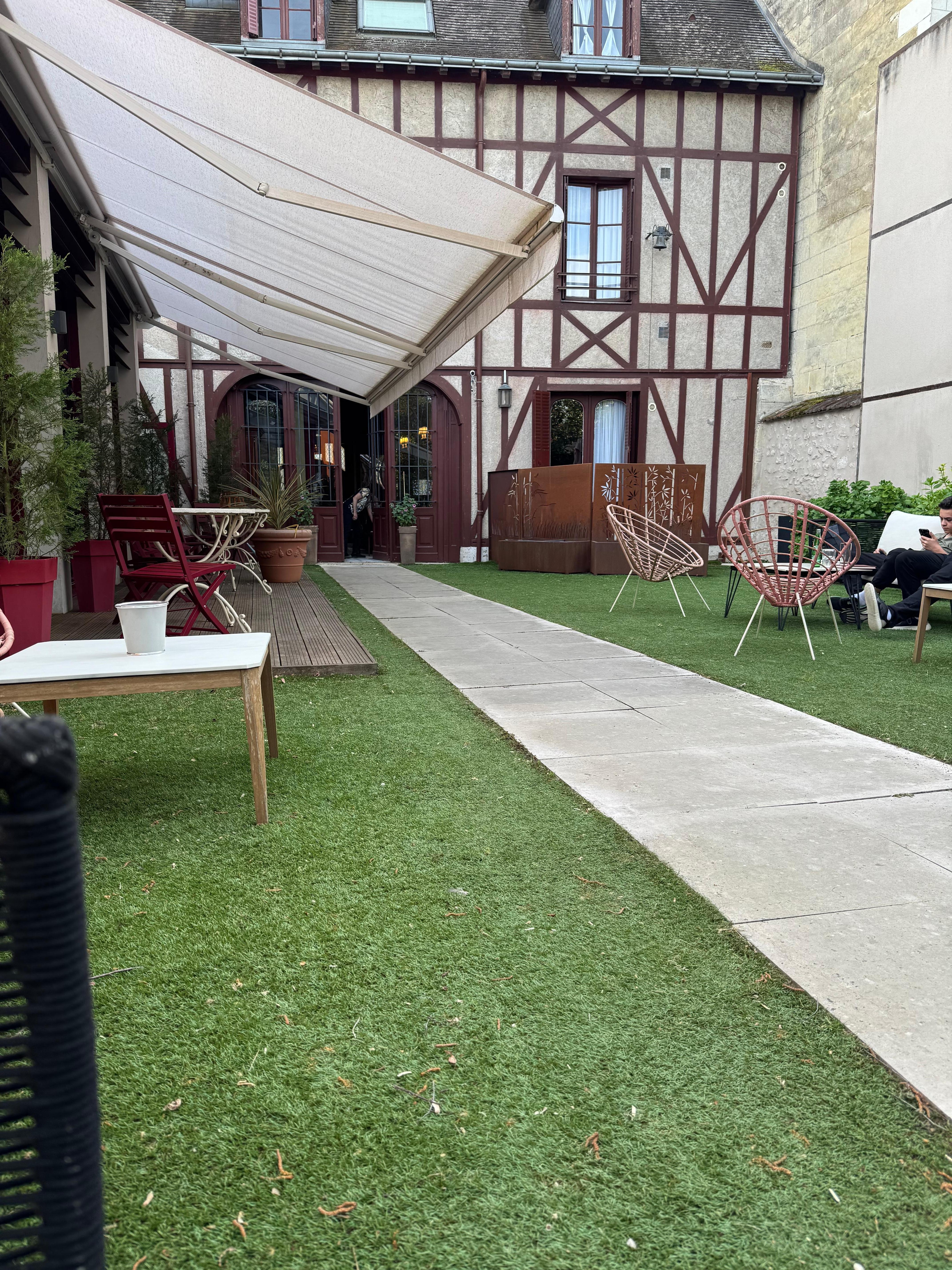 A view of the courtyard and the hotel.  