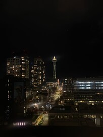 view from rooftop bar at night.