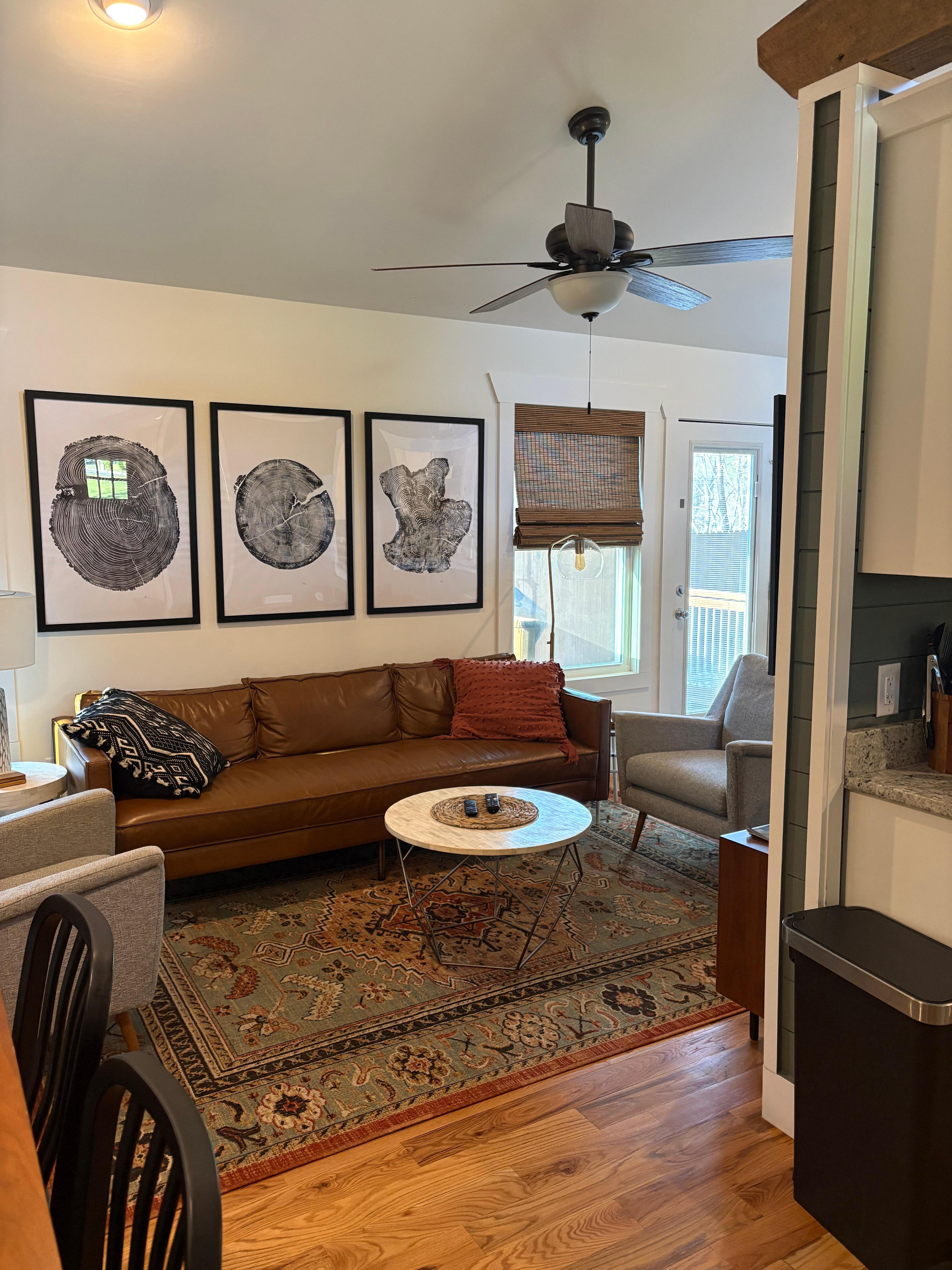 Cute living room with blankets for relaxing.