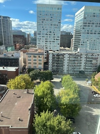 View from the 12th floor appartment. One of the towers of the parliament building is in the distance, takes less than 15 minutes to walk there