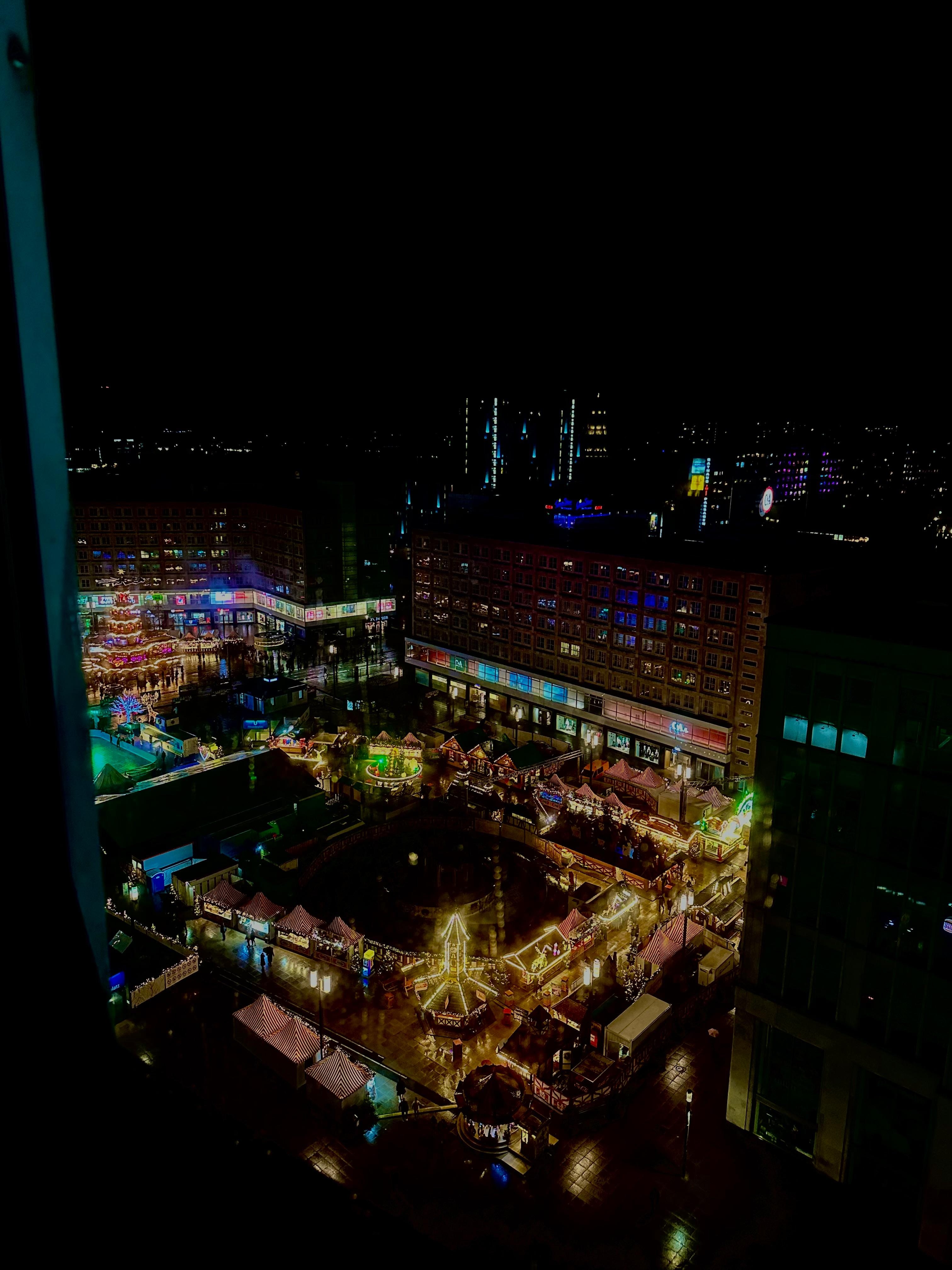 Night view from our room Alexanderplatz Christmas market below hotel