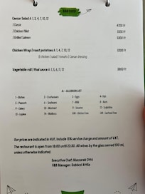 Onsite restaurant menu.