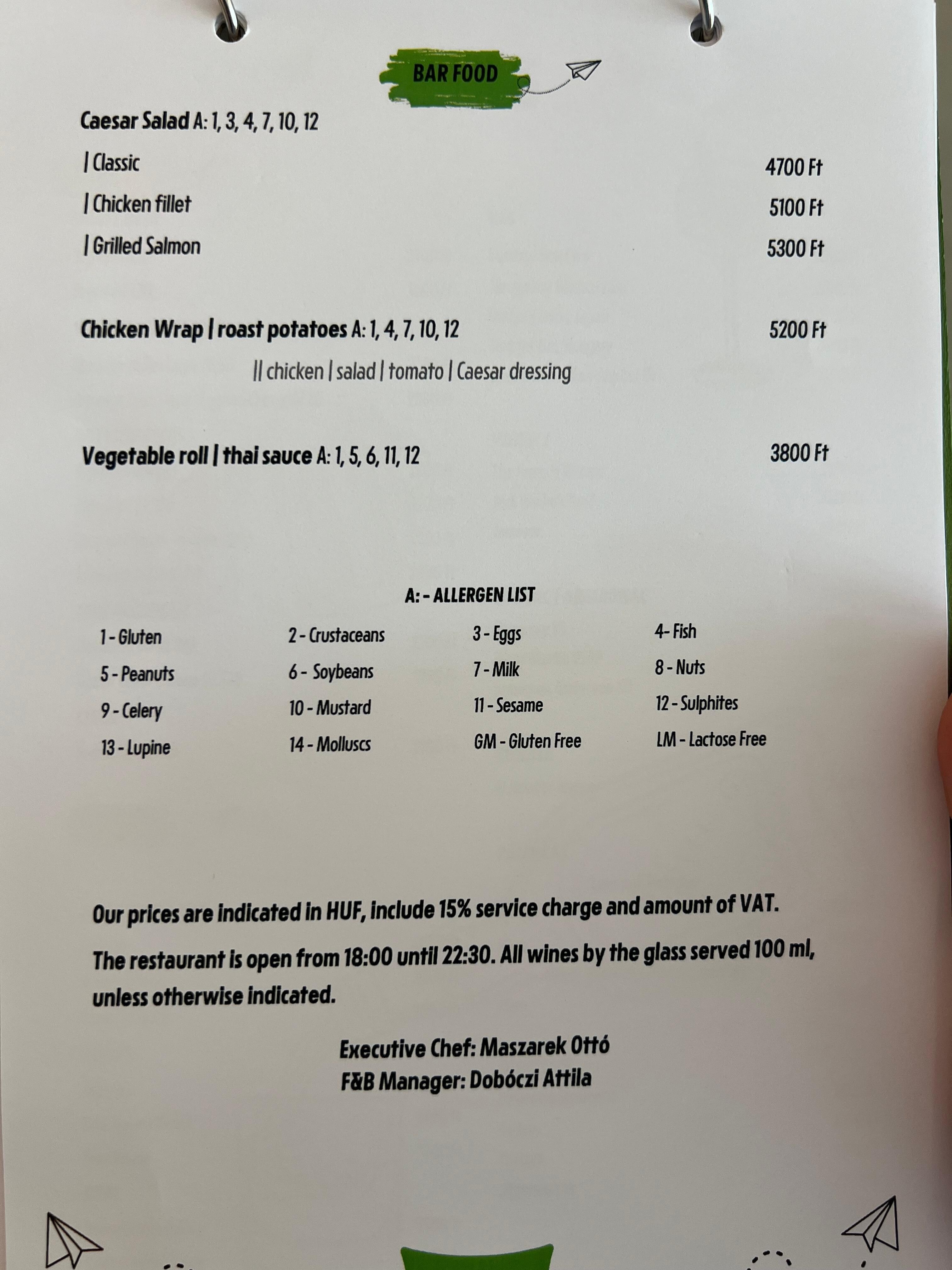 Onsite restaurant menu.