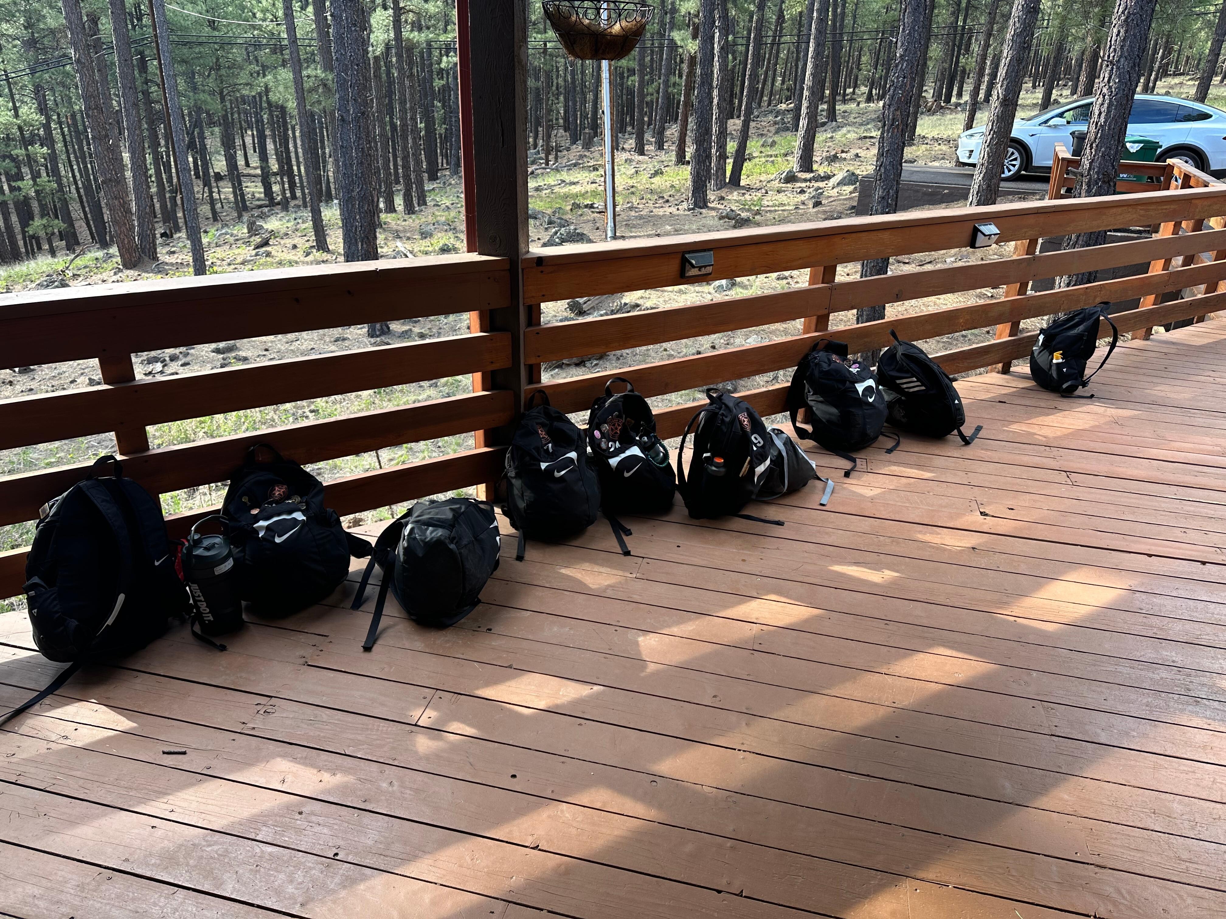 Player bags prepped for game time while the boys hiked 