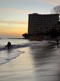 The Sheraton in the evening from Waikiki Beach walk.