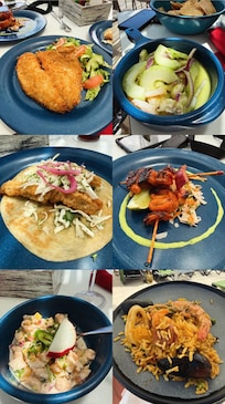 Food from the cevicheria and Paella from the pool cook out.