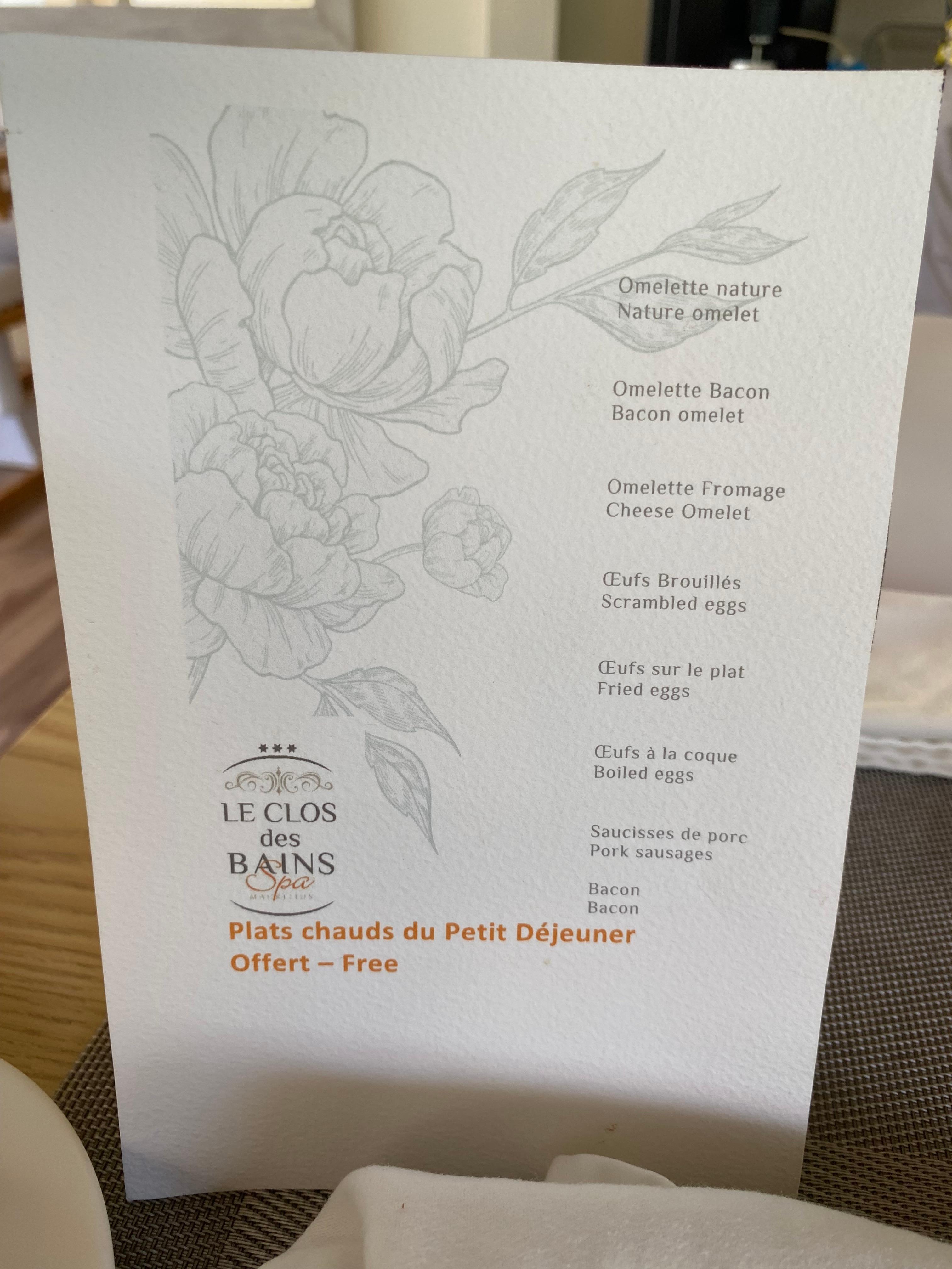 Complimentary breakfast menu