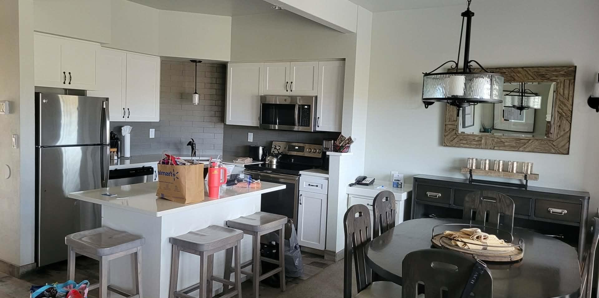 Kitchen with large dining table.  